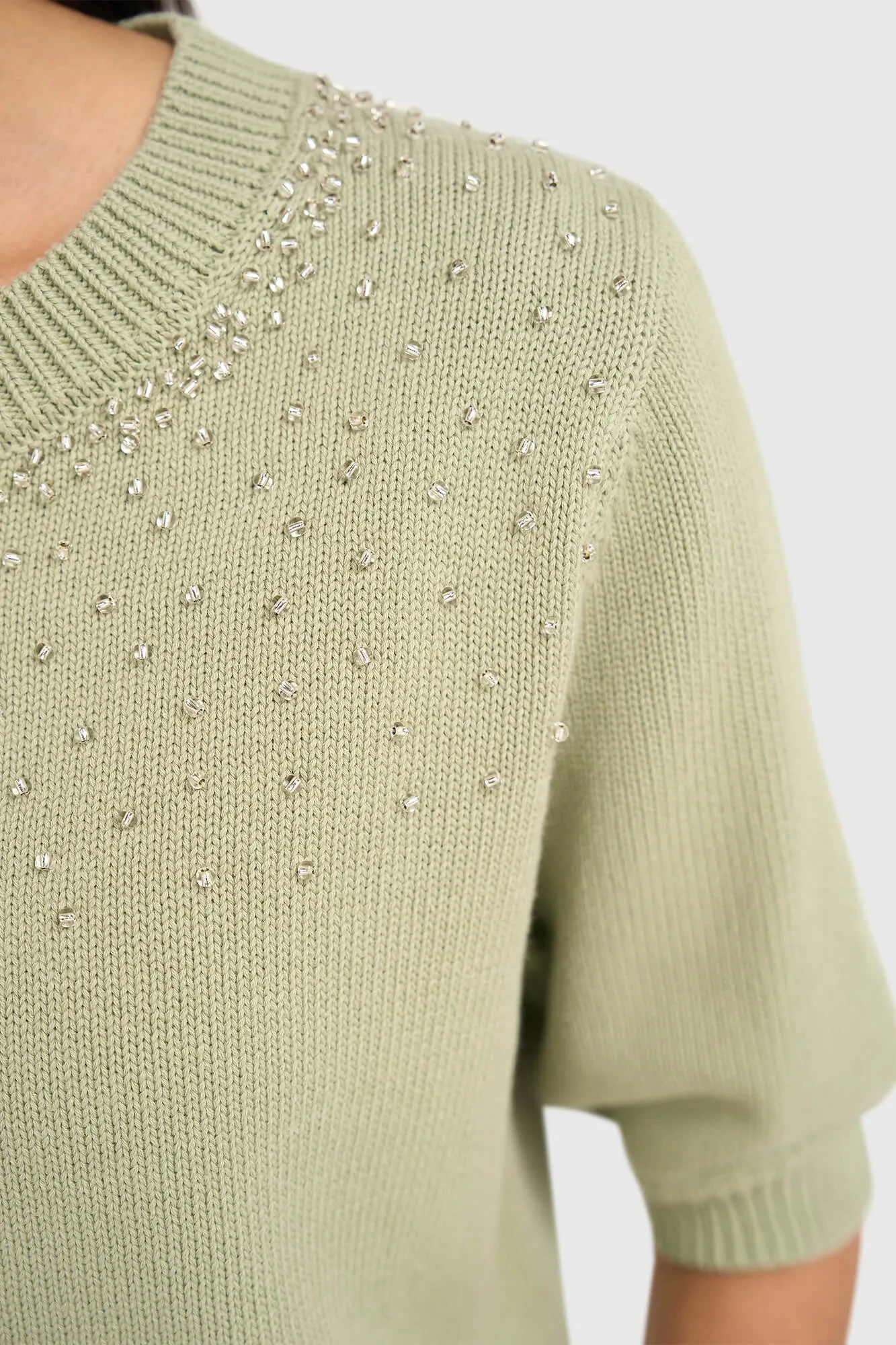 Green Cotton Women's Sweater With Rhinestones by Barret