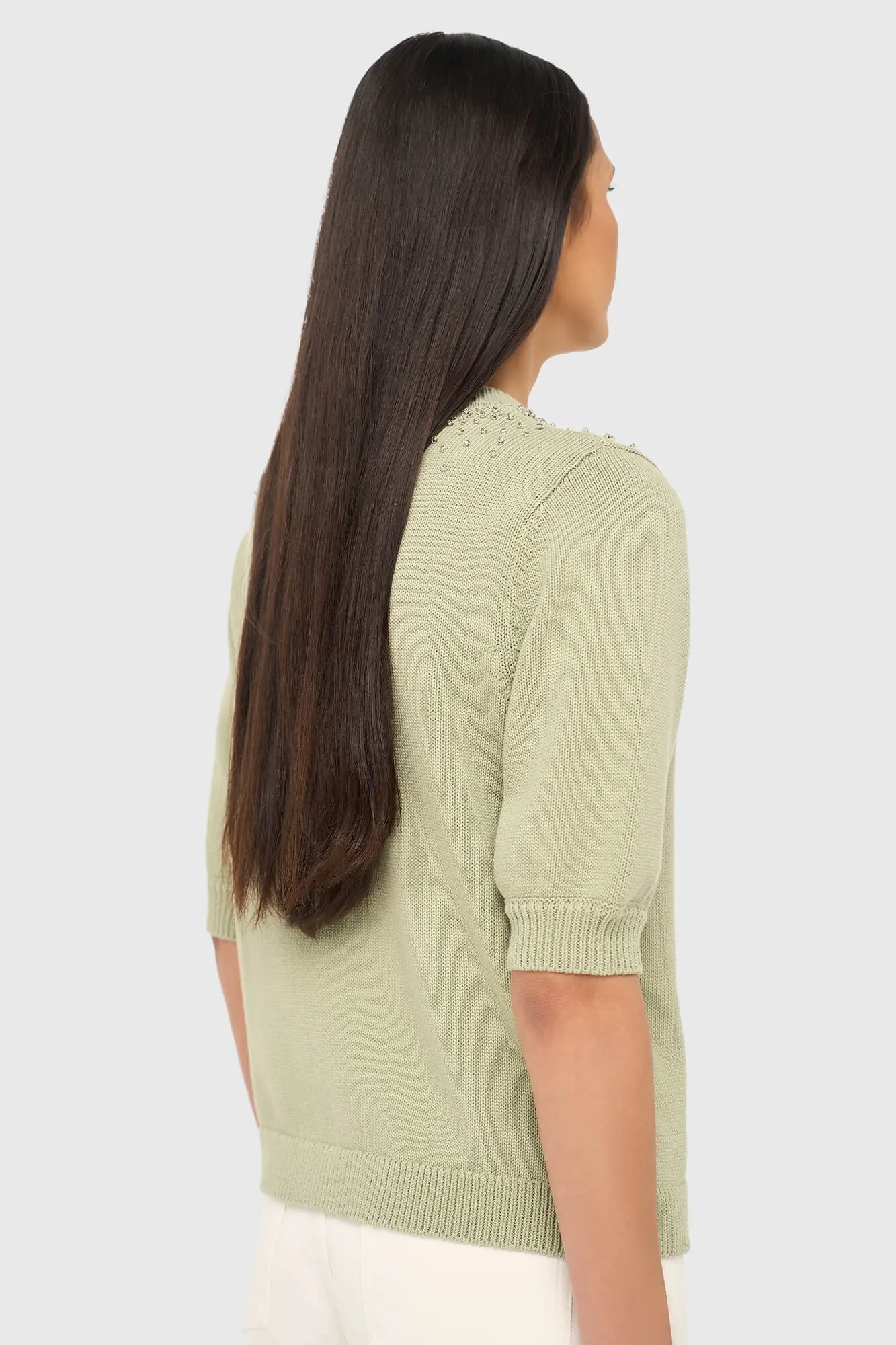Green Cotton Women's Sweater With Rhinestones by Barret