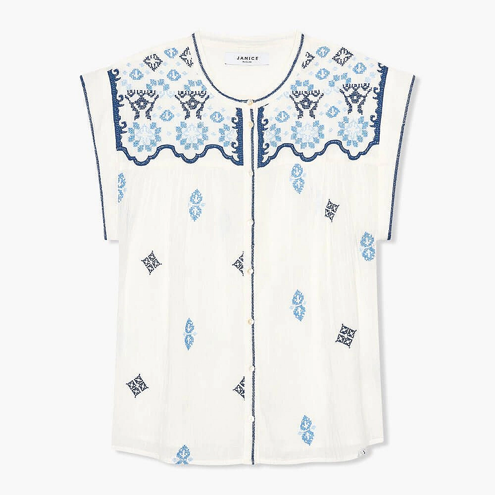 Witte blouse blauwe broderie Jace dames