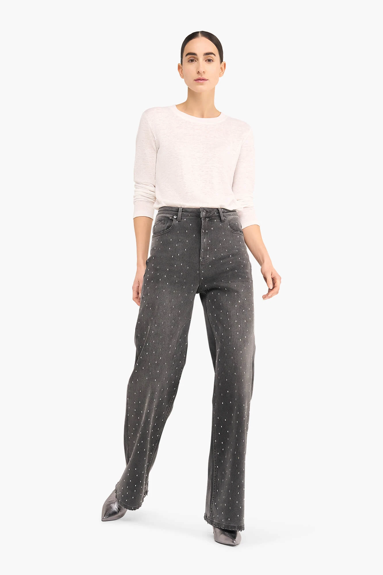 Damenjeans mit weitem Bein und Strasssteinen, Modell „Jason“, grau, Größe 415