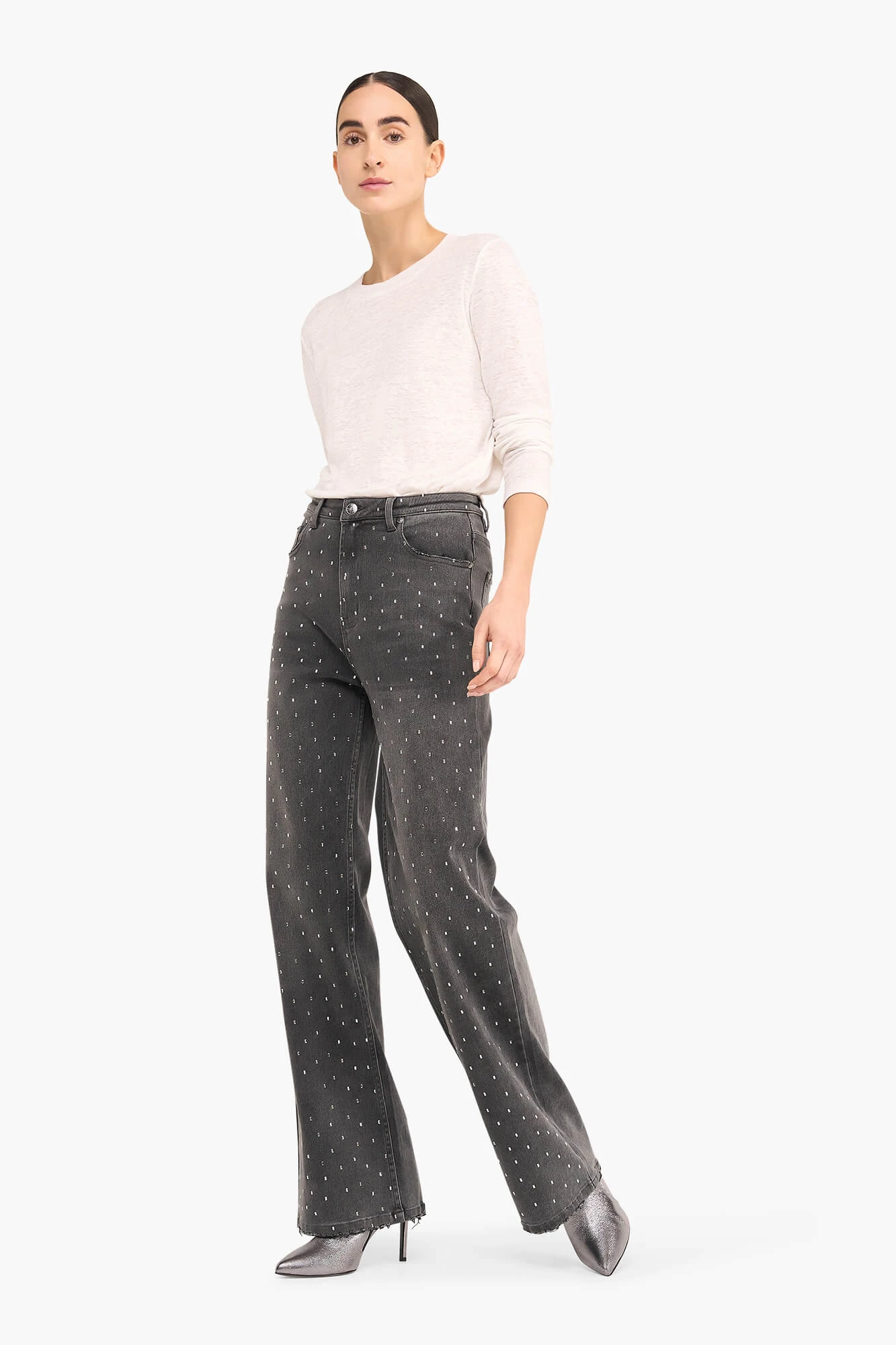 Damenjeans mit weitem Bein und Strasssteinen, Modell „Jason“, grau, Größe 415