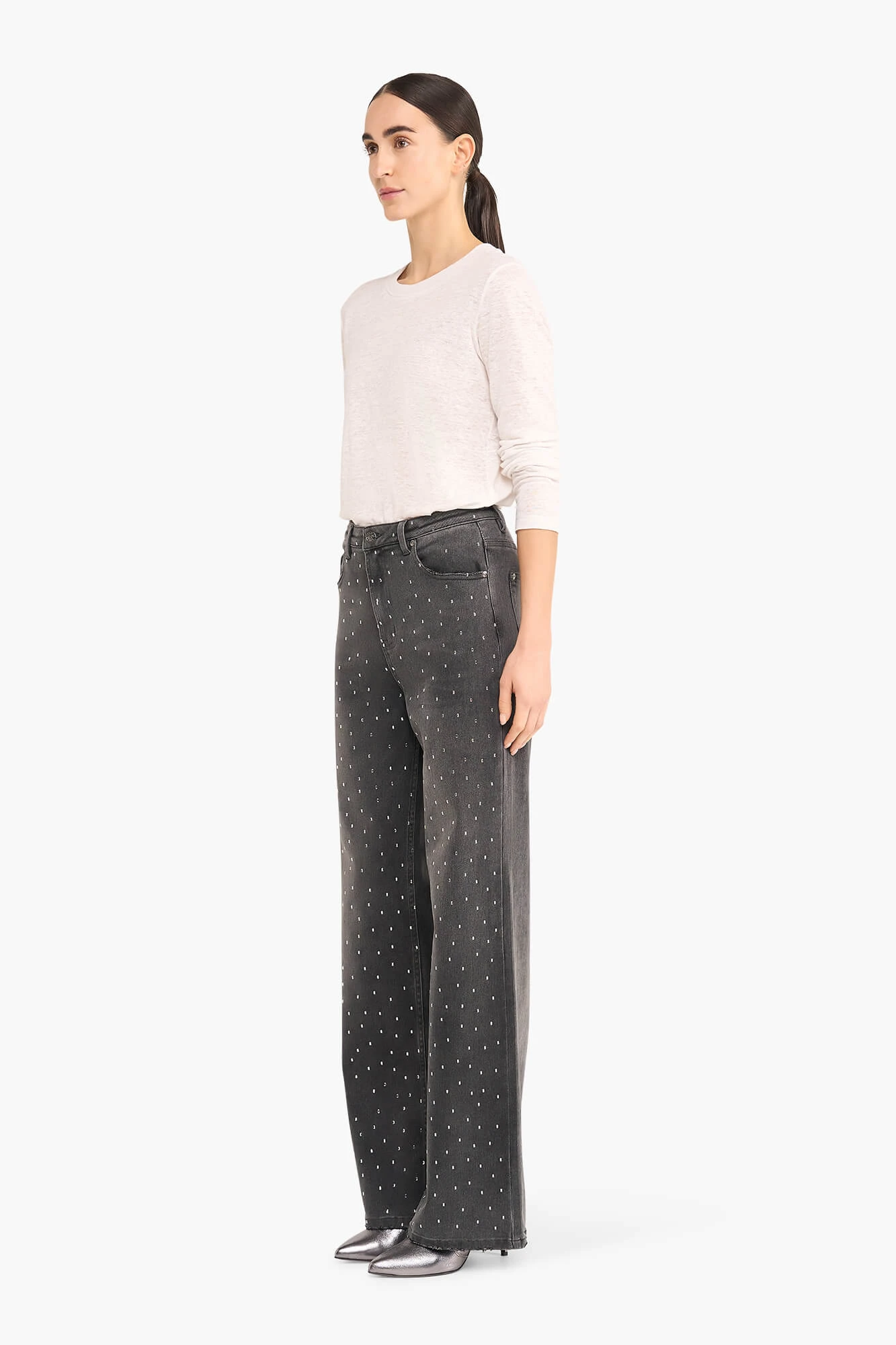 Damenjeans mit weitem Bein und Strasssteinen, Modell „Jason“, grau, Größe 415