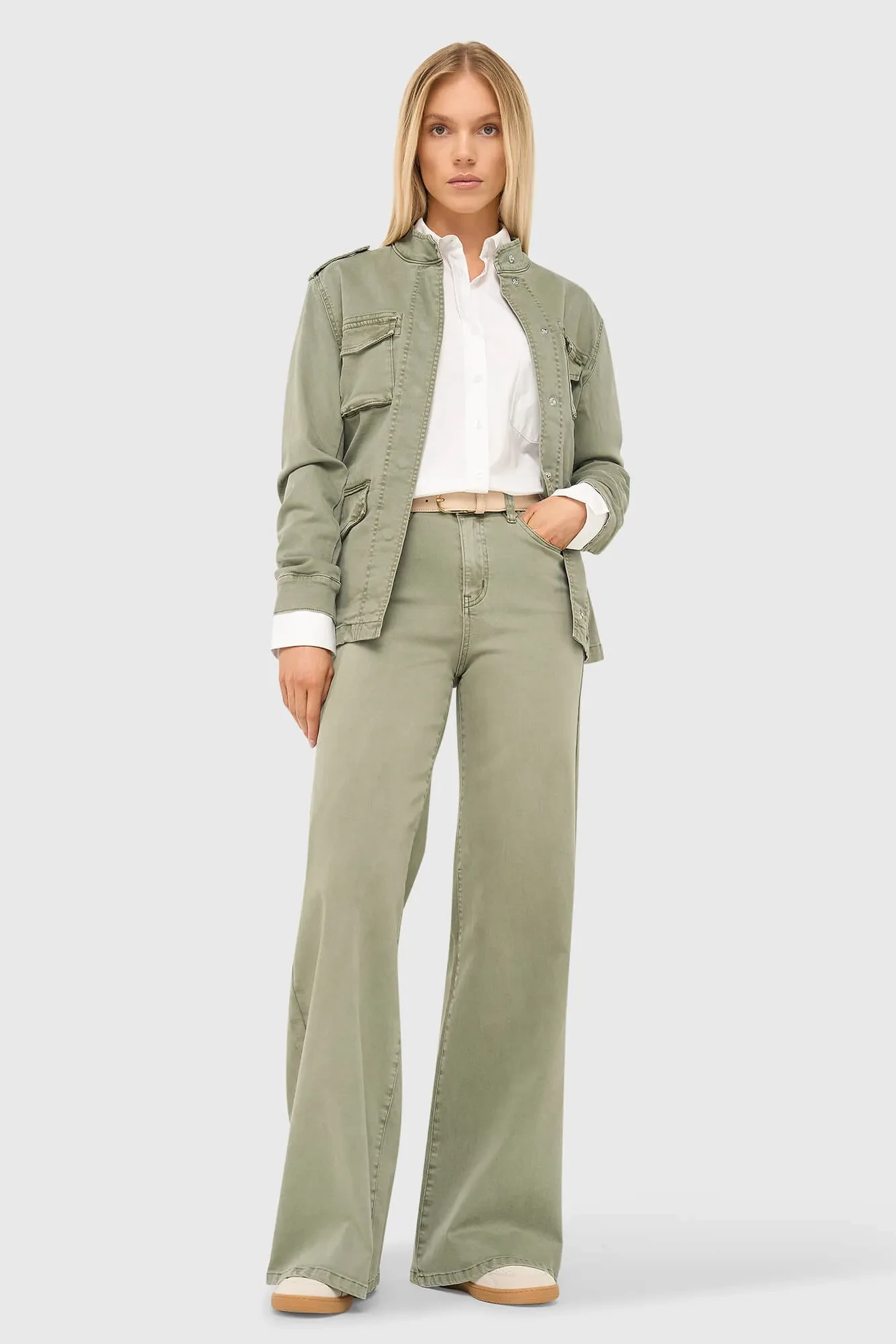 Women's Wide-Leg Mid-Rise Stretch Cashmere Jeans, Green 943
