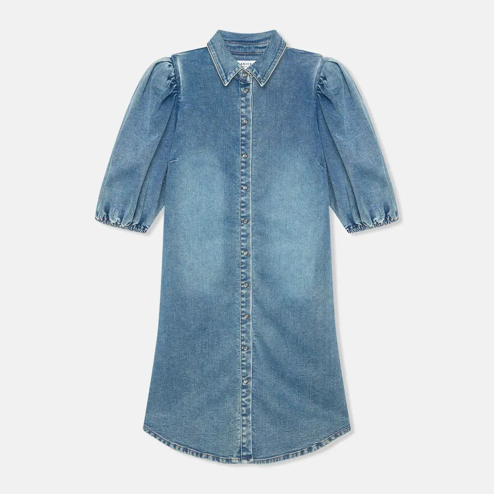 Jeans Jurk Pof Mouwen Steff Blauw 932
