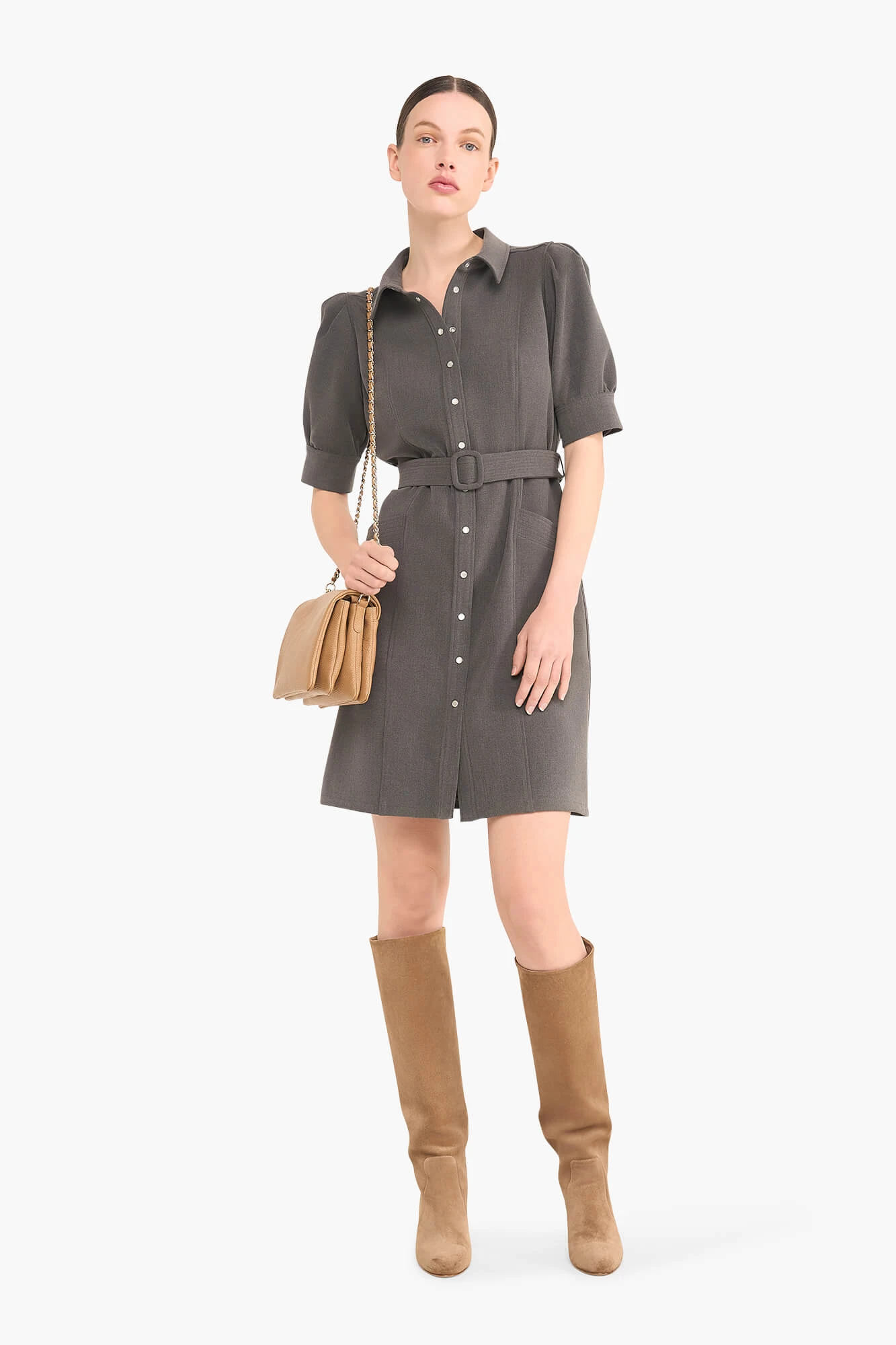 Kleid mit Gürtel, Puffärmeln und Druckknöpfen, Bodhi, Grau