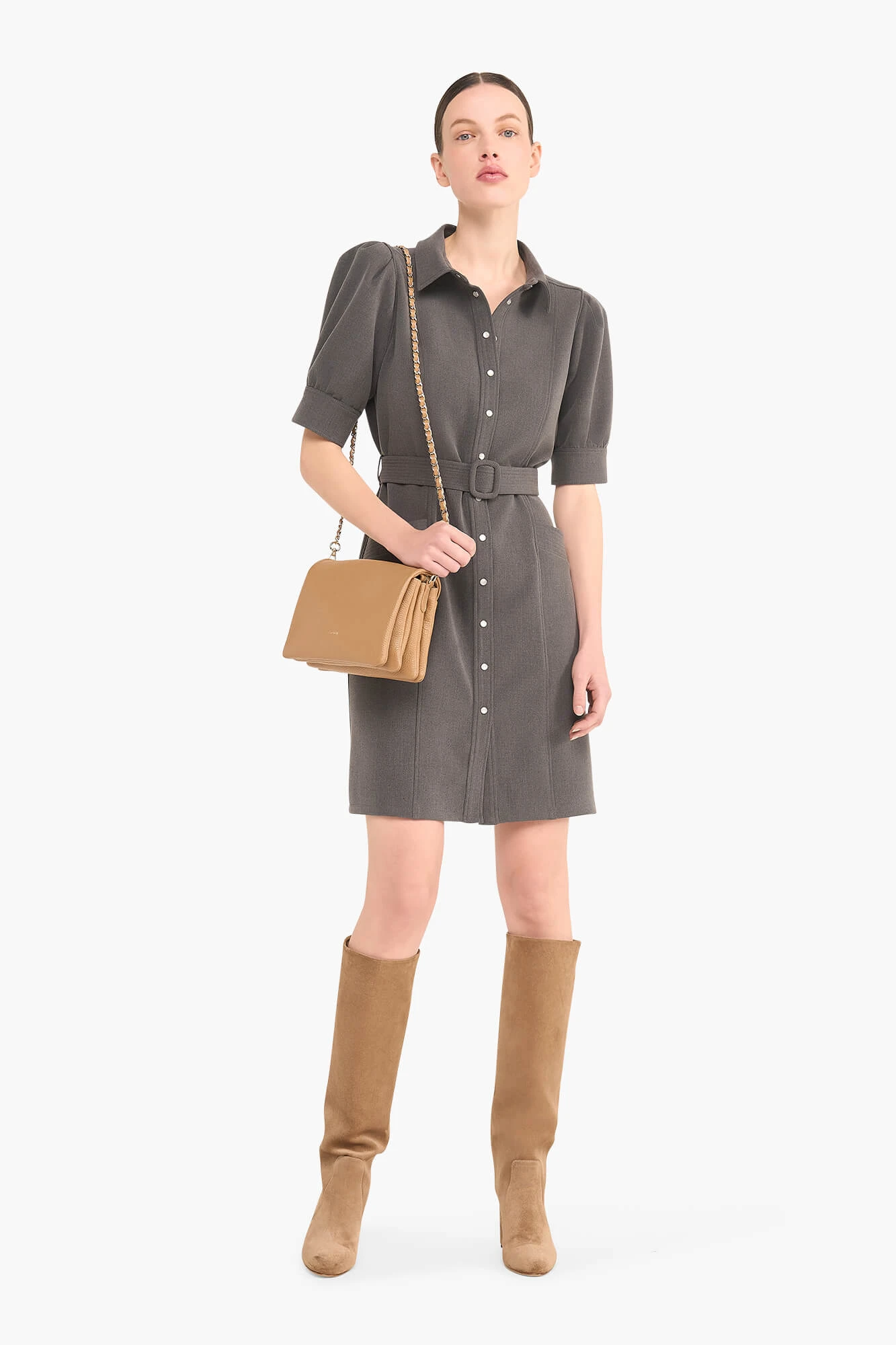 Kleid mit Gürtel, Puffärmeln und Druckknöpfen, Bodhi, Grau