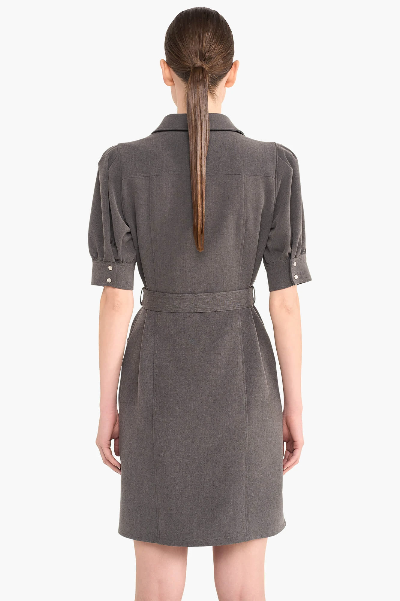 Kleid mit Gürtel, Puffärmeln und Druckknöpfen, Bodhi, Grau