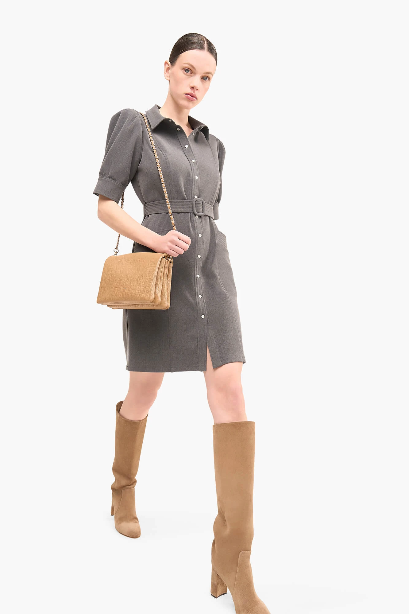 Kleid mit Gürtel, Puffärmeln und Druckknöpfen, Bodhi, Grau