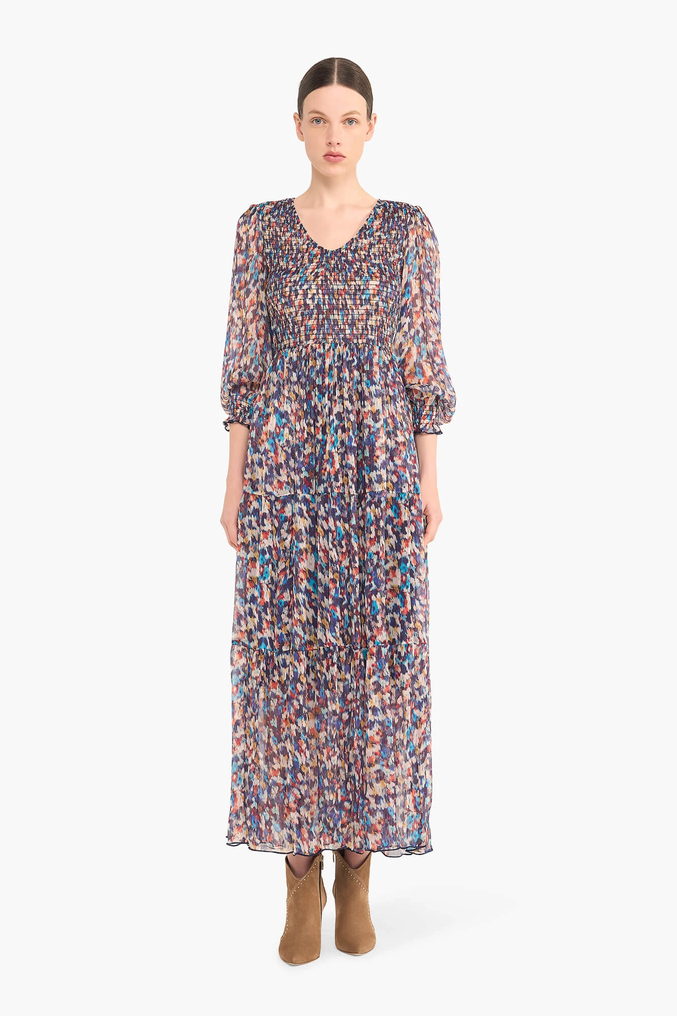 Long Printed Dress in Smog and Finn Blue