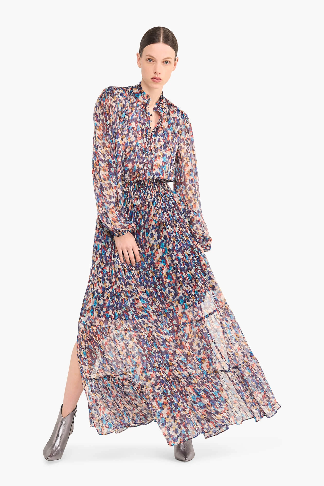 Langes Kleid mit Print und Gummizug, Walter, Blau