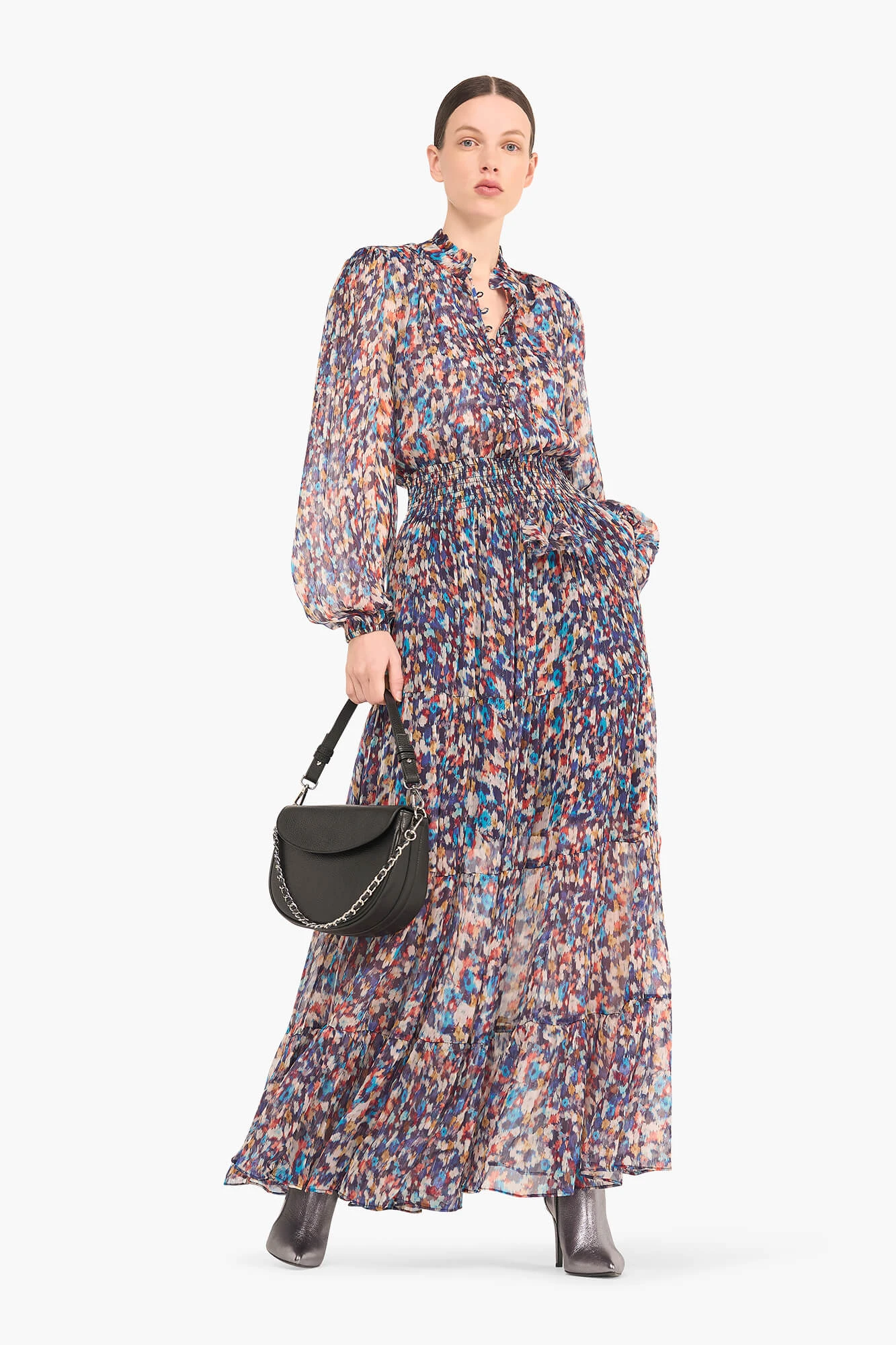 Langes Kleid mit Print und Gummizug, Walter, Blau