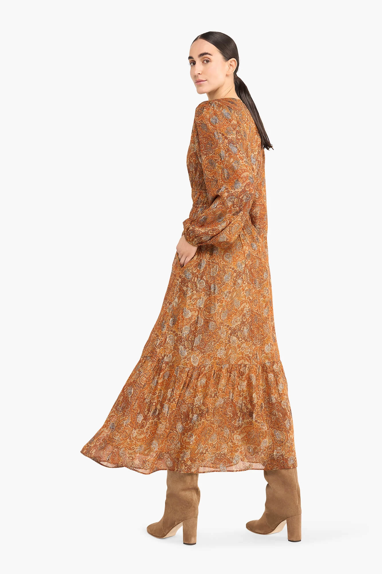 Langes Kleid mit Lurex und Gummizug, Milan Paisley