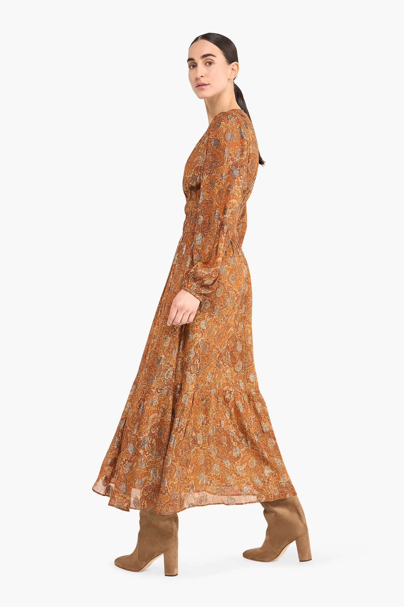 Langes Kleid mit Lurex und Gummizug, Milan Paisley