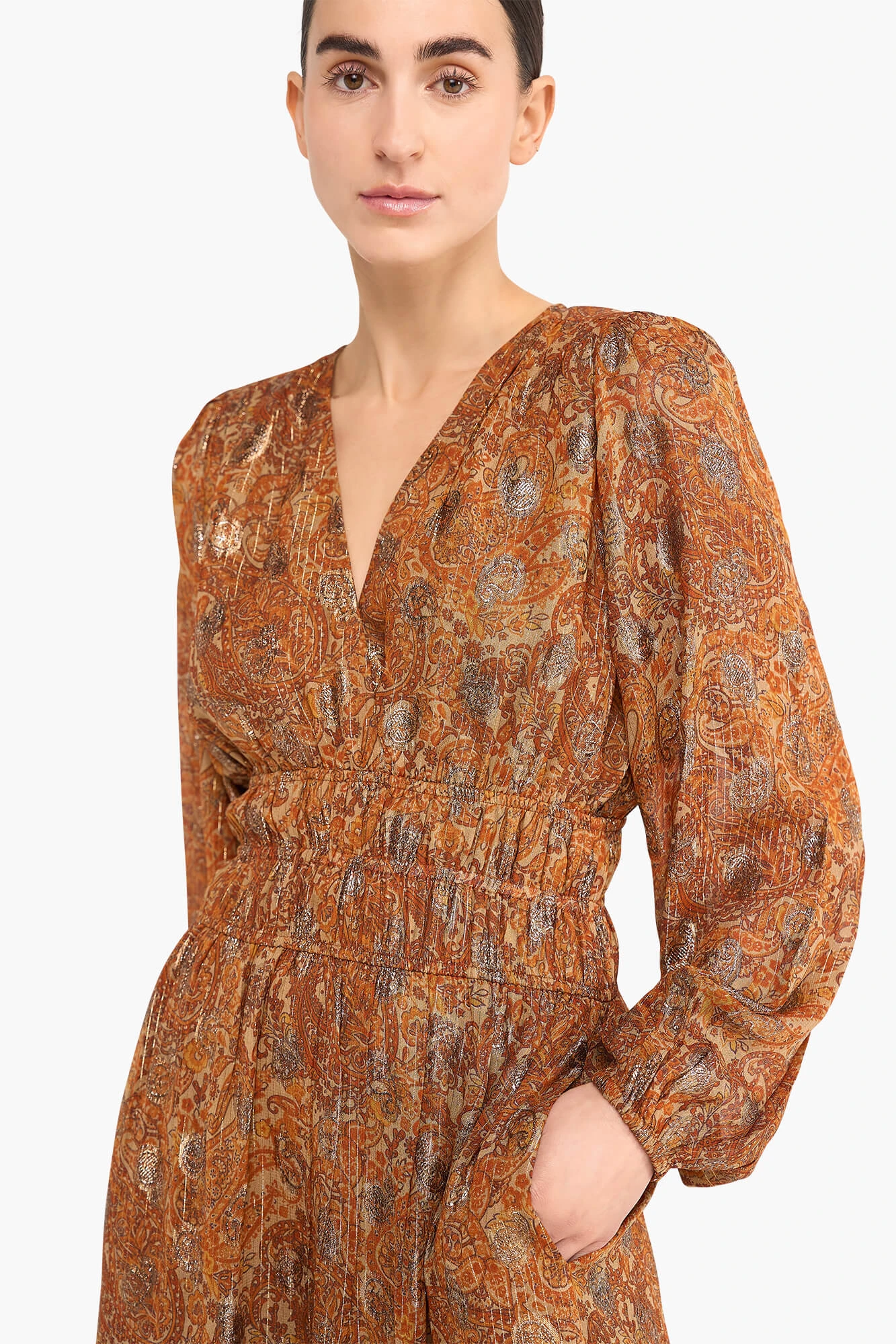 Langes Kleid mit Lurex und Gummizug, Milan Paisley