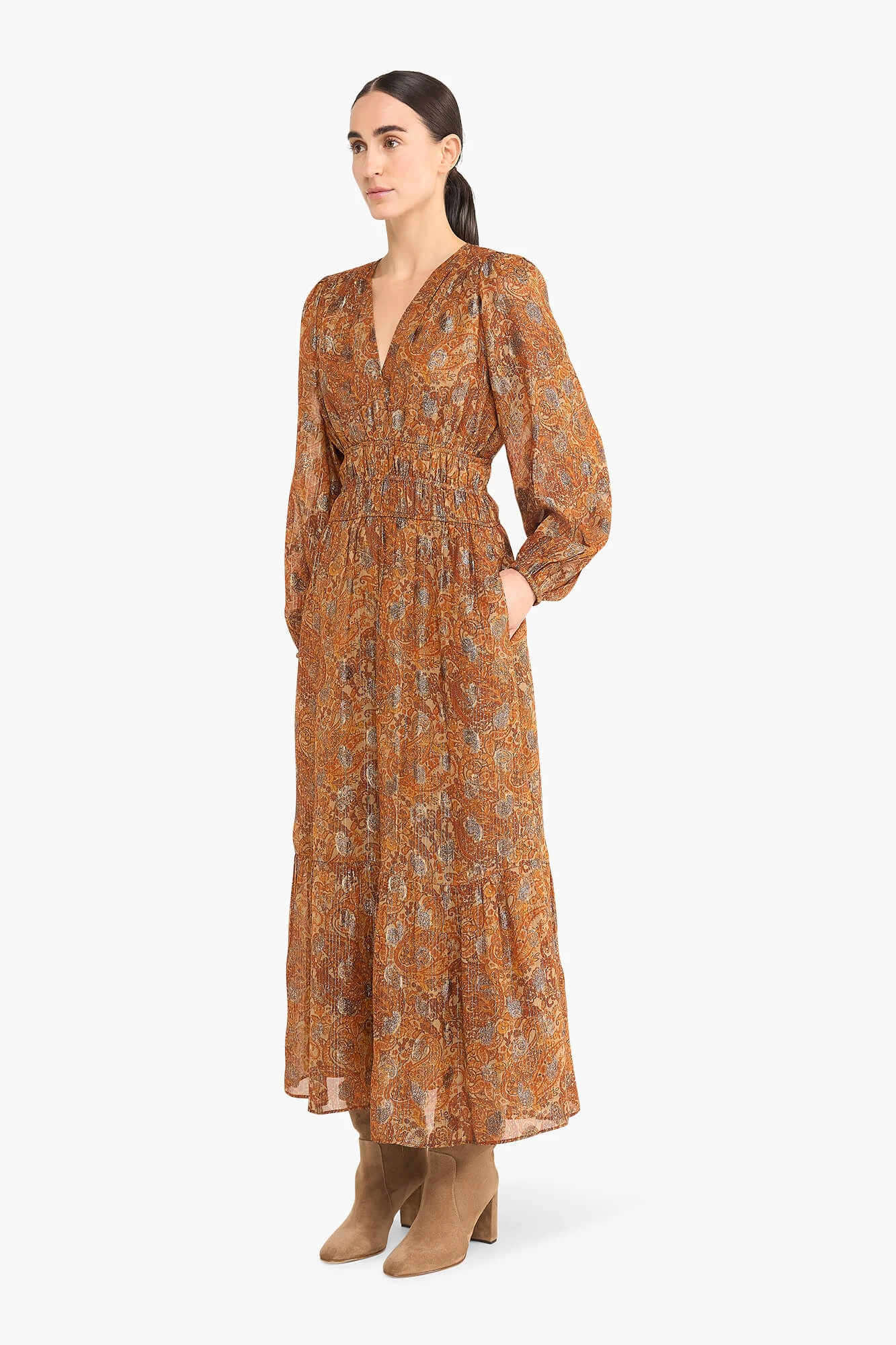 Langes Kleid mit Lurex und Gummizug, Milan Paisley
