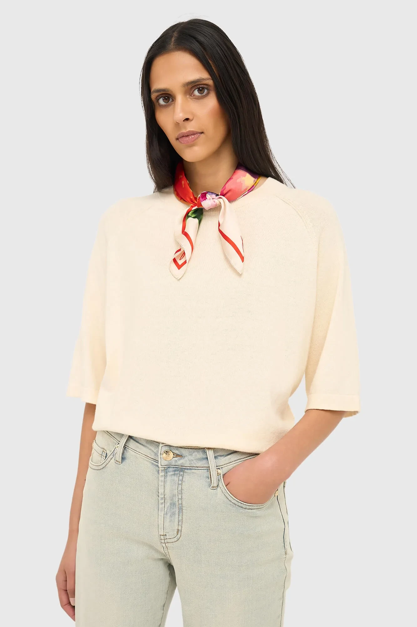 Strickpullover aus Baumwolle und Kaschmir in Moosgrün und Off-White