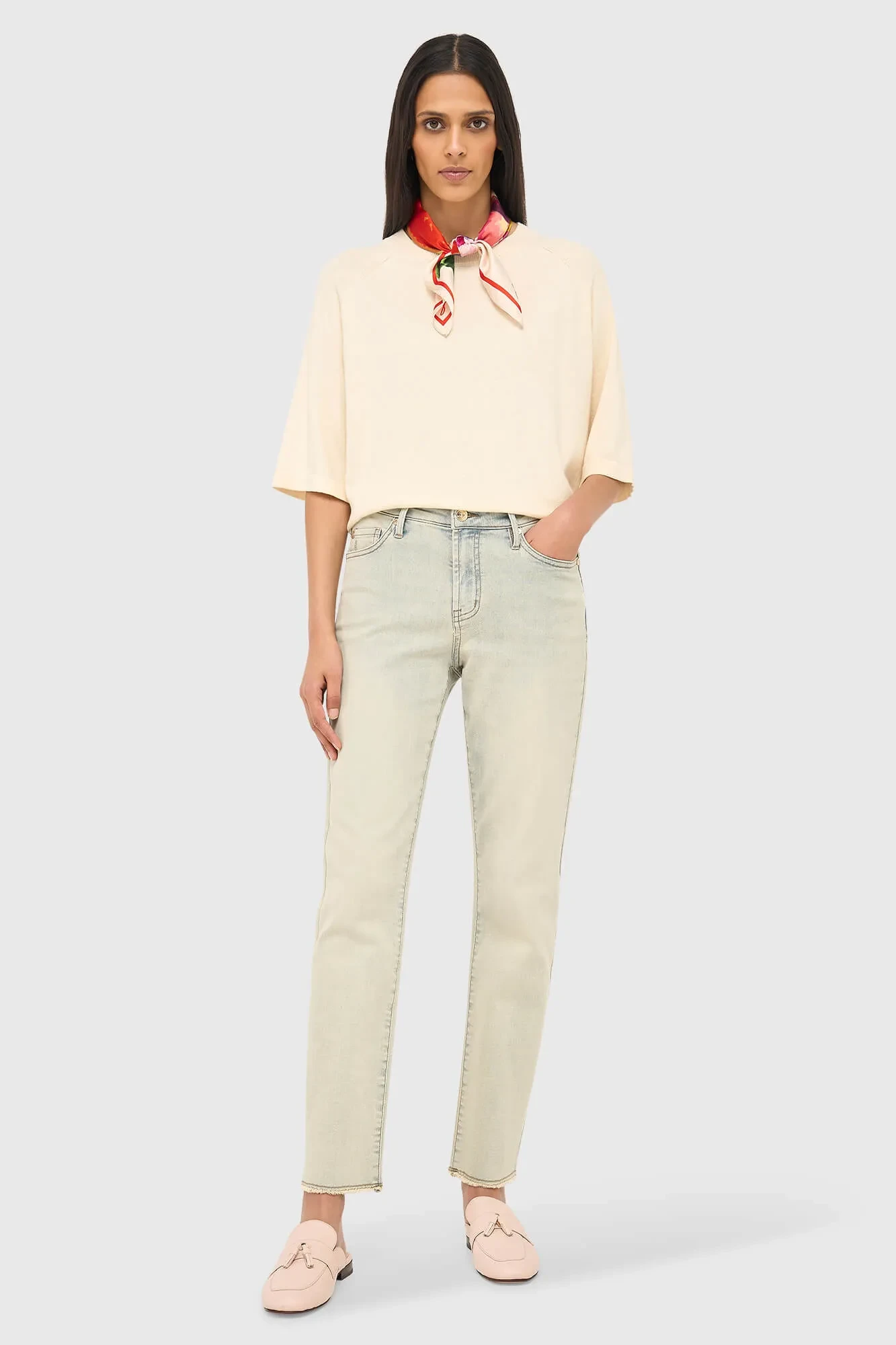 Cotton-Cashmere Knit Sweater in Moss Off-White