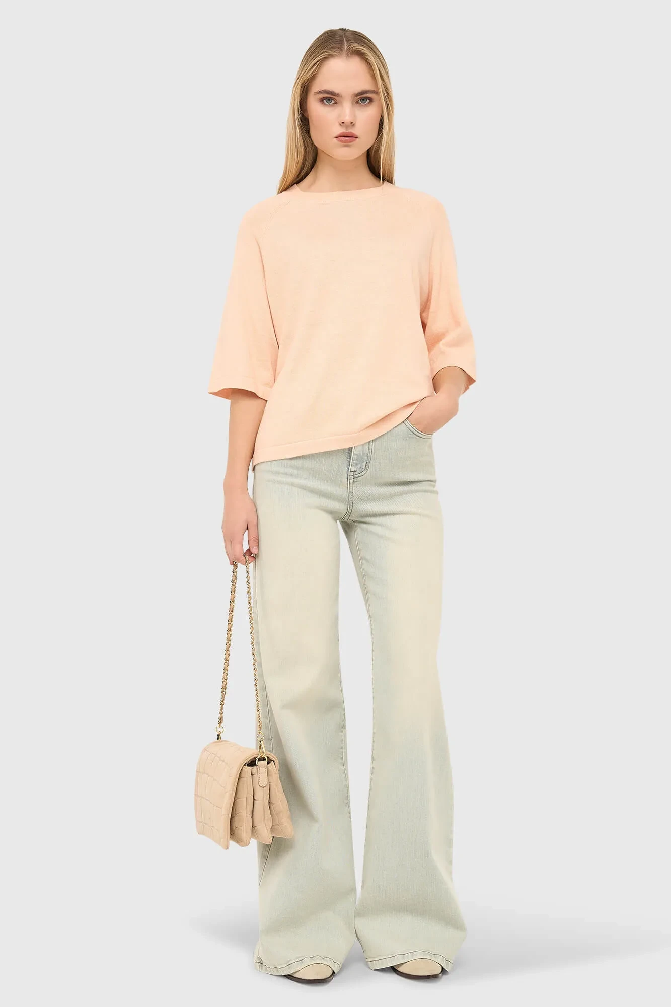 Cotton-Cashmere Knit Sweater in Moss Peach