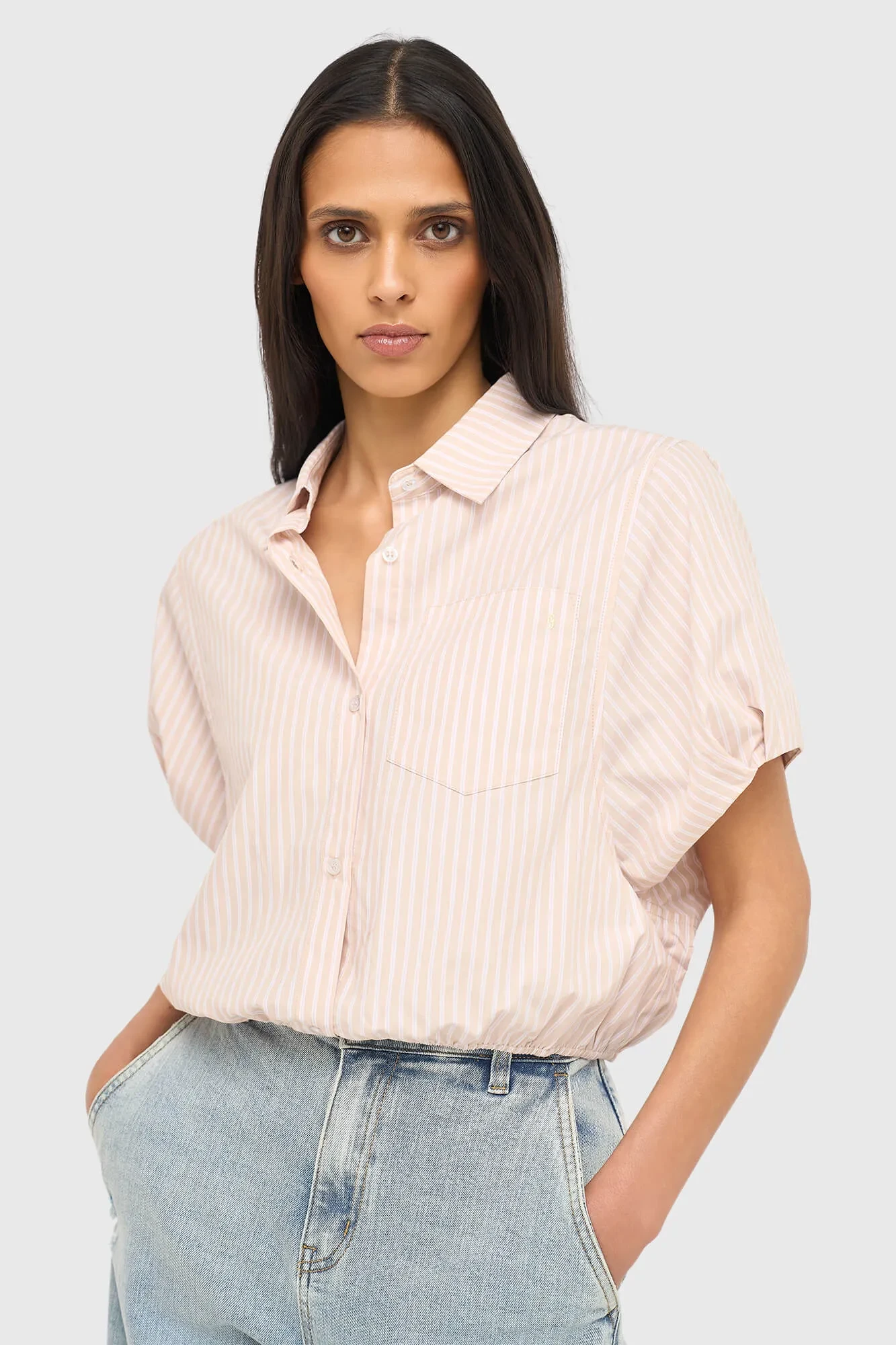Women's Cotton Short-Sleeve Striped Blouse in Cross Beige
