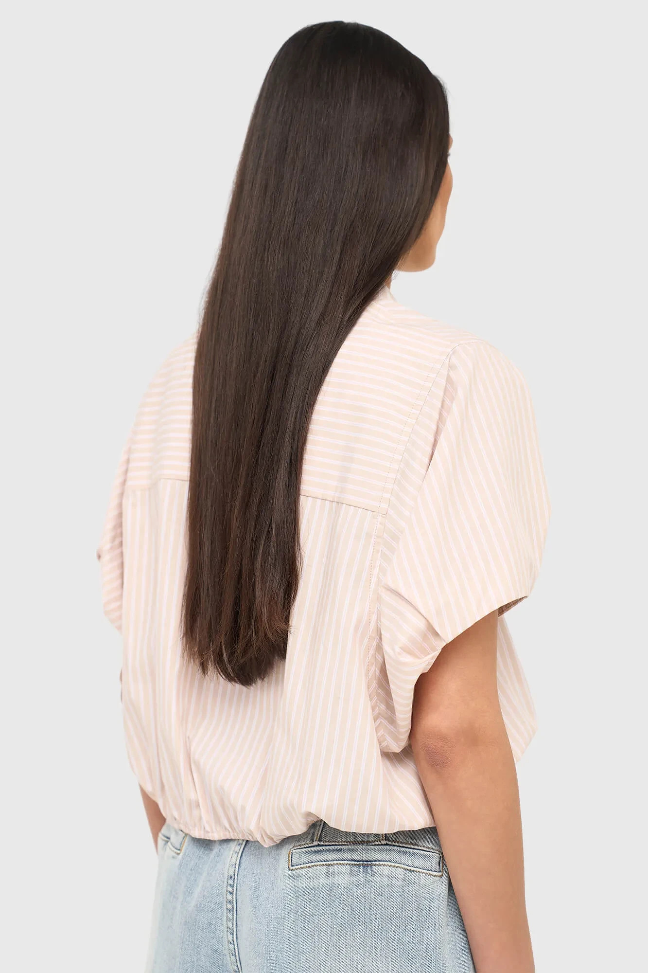 Katoenen Dames Blouse Korte Mouw Gestreept Cross Beige