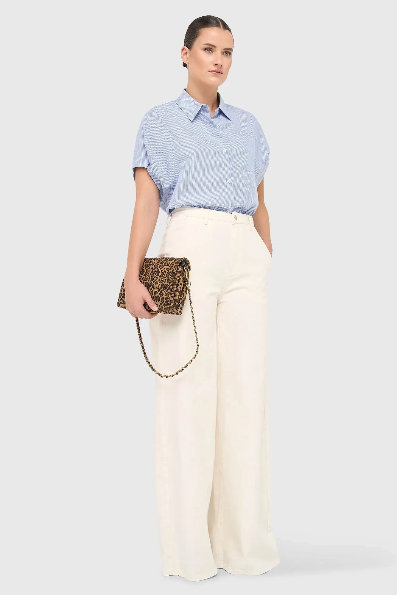 Katoenen Dames Blouse Korte Mouw Gestreept Cross Blauw
