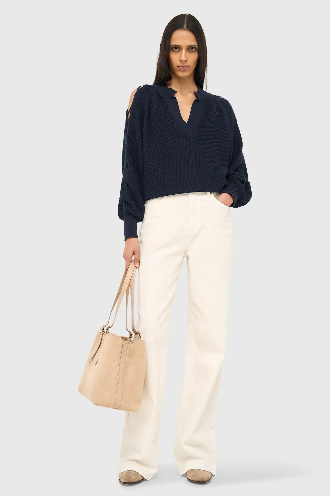 Katoenen Dames Trui Veters Mouwen Open Schouders Grove Blauw