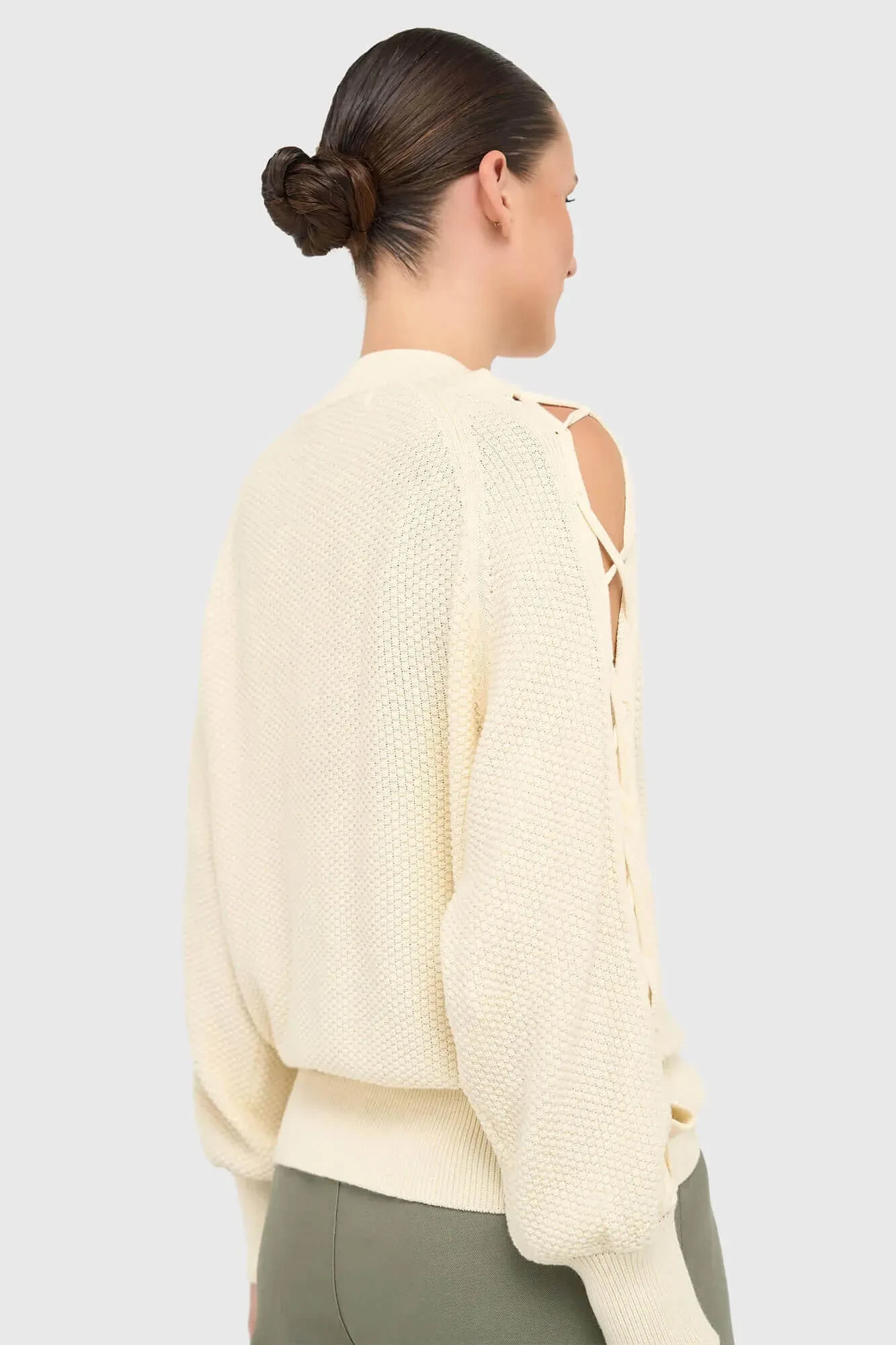 Katoenen Dames Trui Veters Mouwen Open Schouders Grove Off White