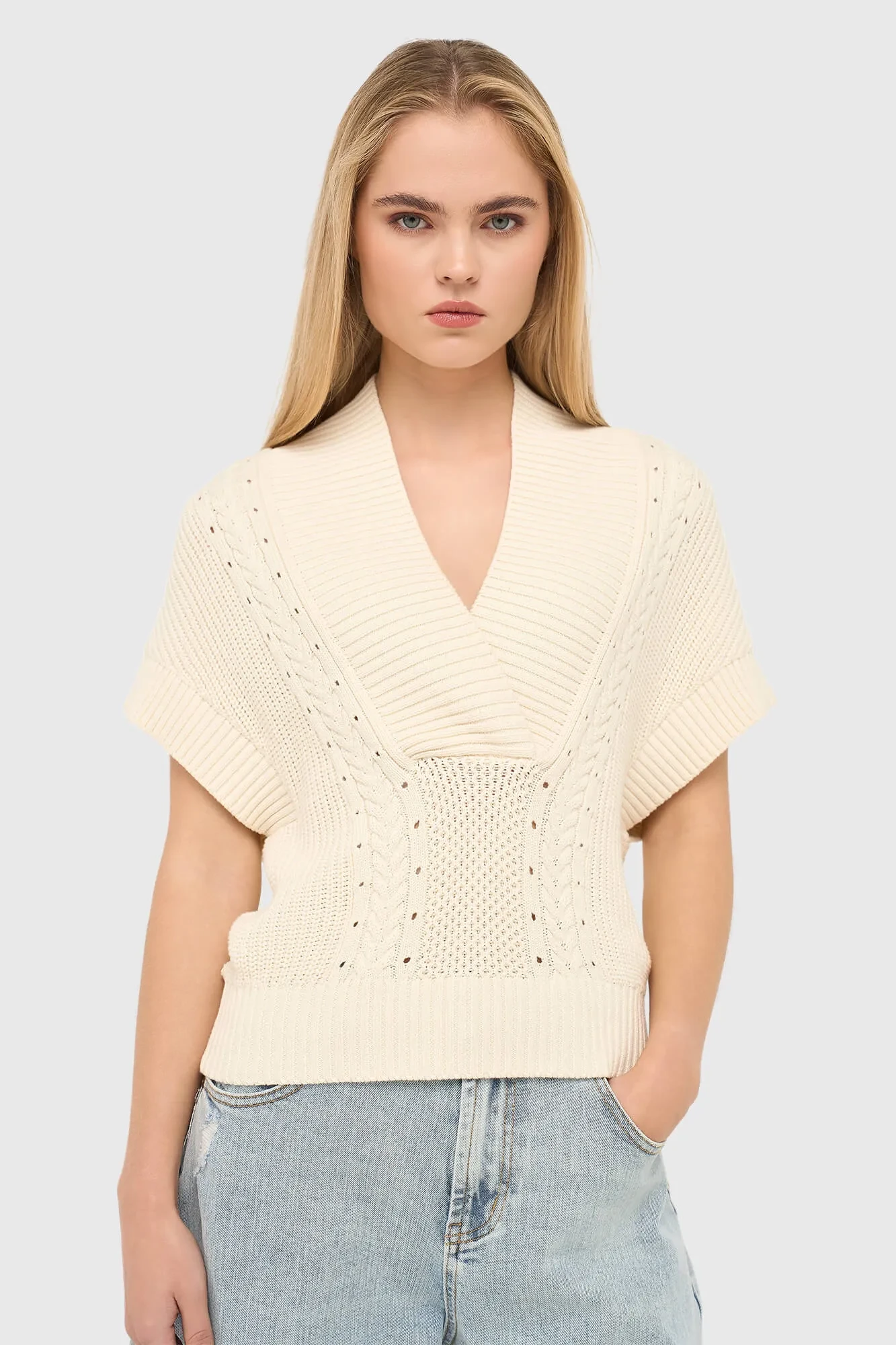 Baumwoll-Spencer-Strickjacke mit Zopfmuster für Damen, Viggo, Off-White