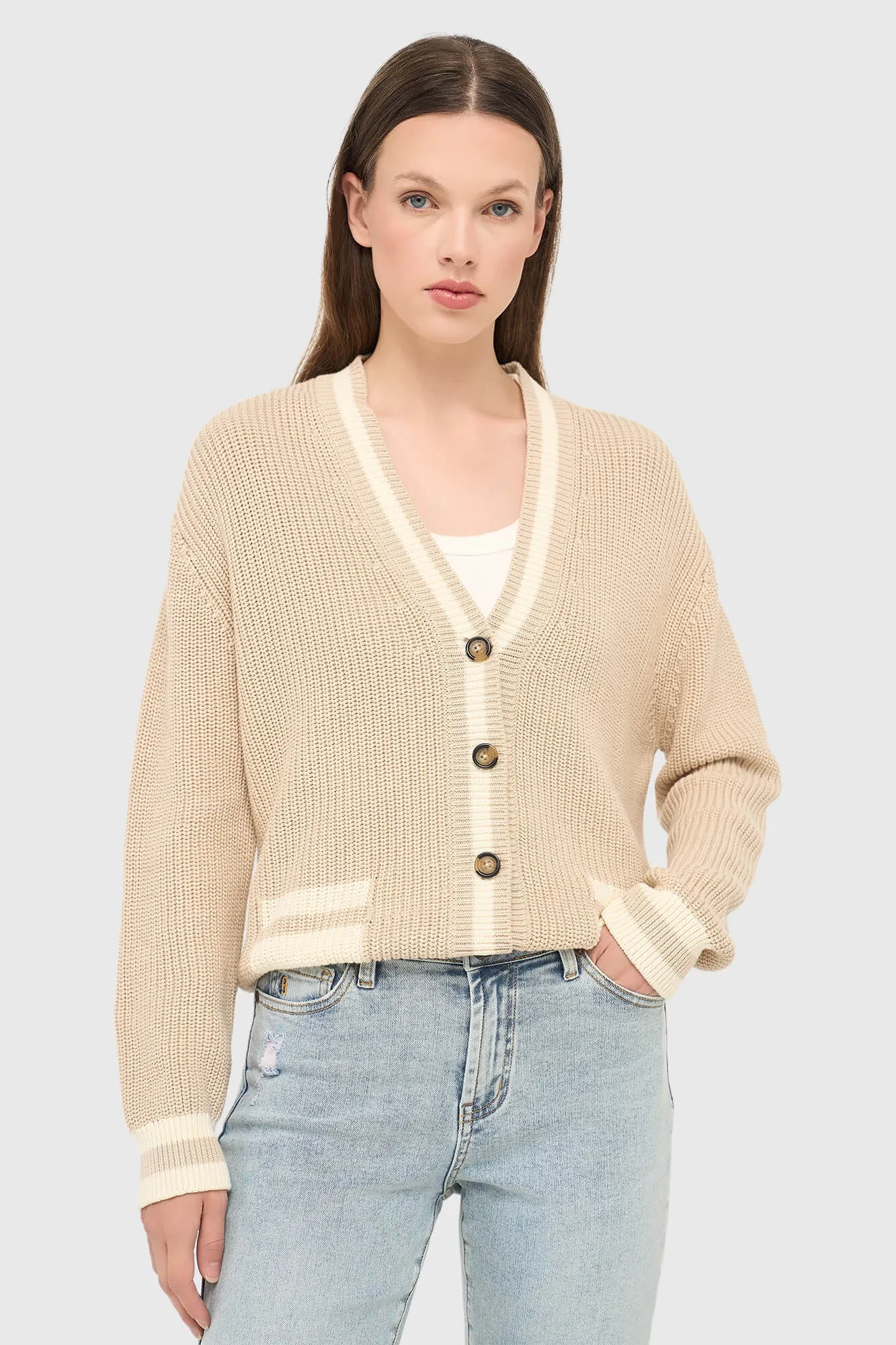 Baumwollstrickjacke mit Knöpfen für Damen, Mars, Beige