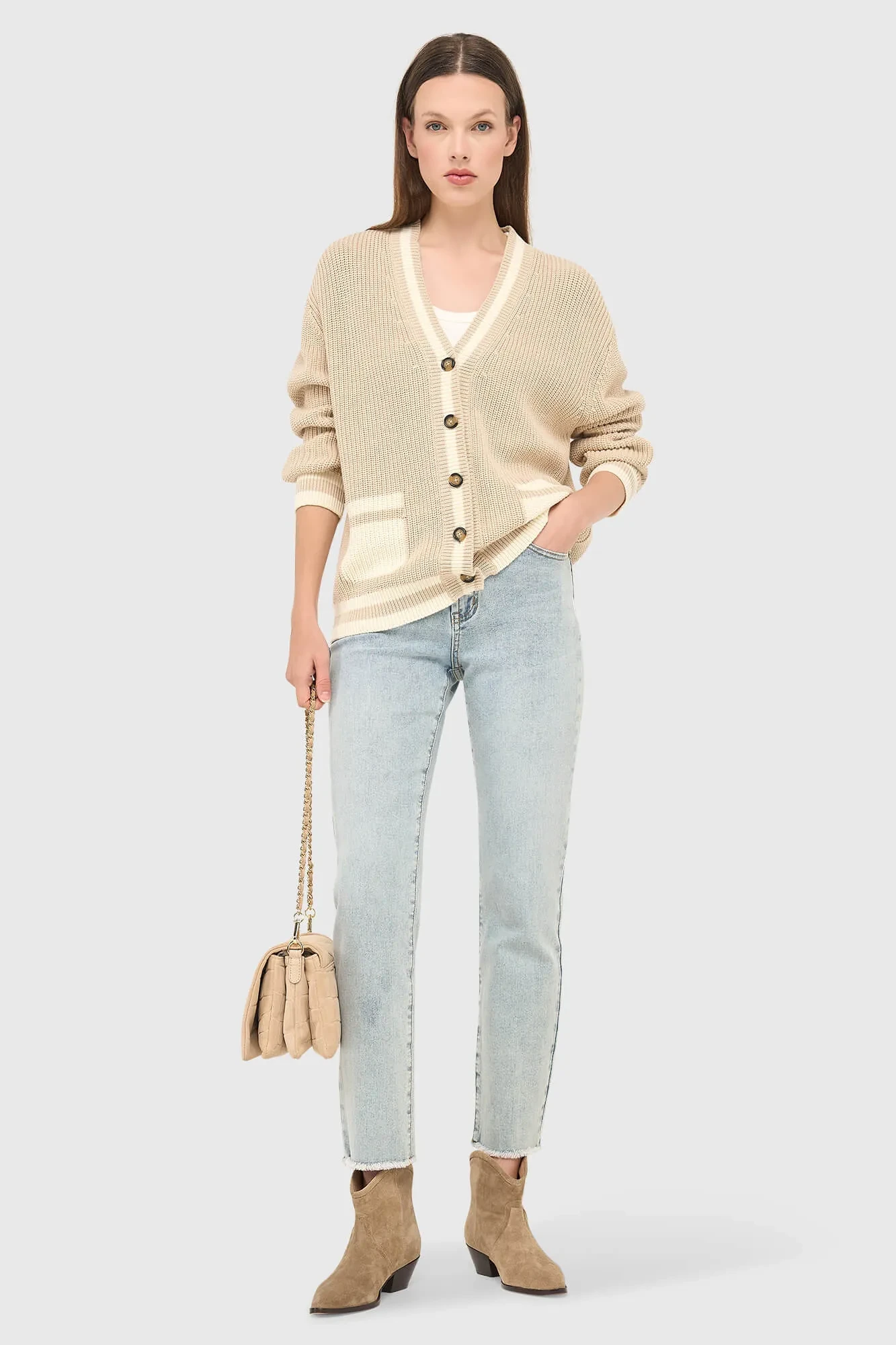 Baumwollstrickjacke mit Knöpfen für Damen, Mars, Beige