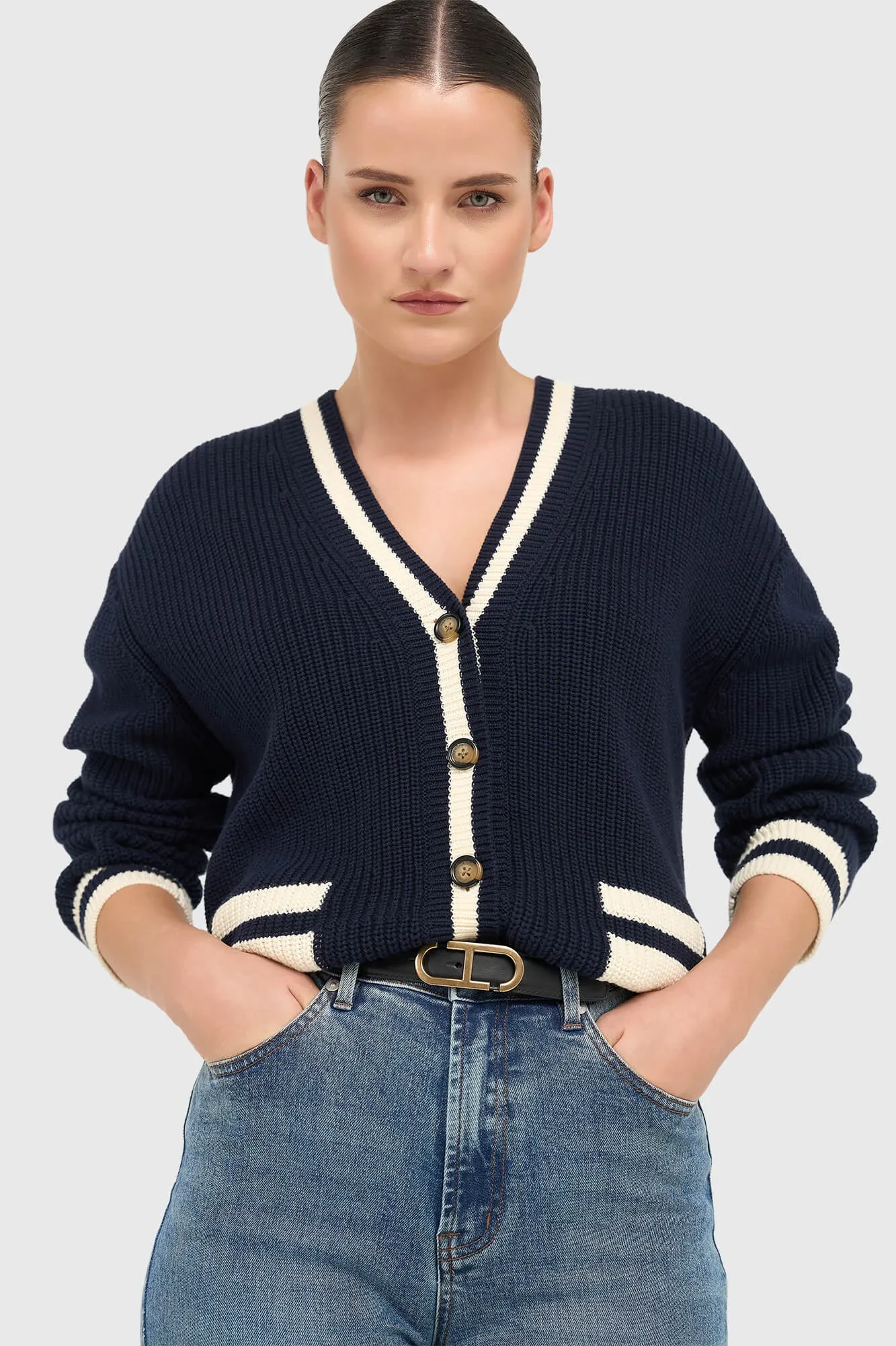 Baumwollstrickjacke mit Knöpfen für Damen, Marsblau