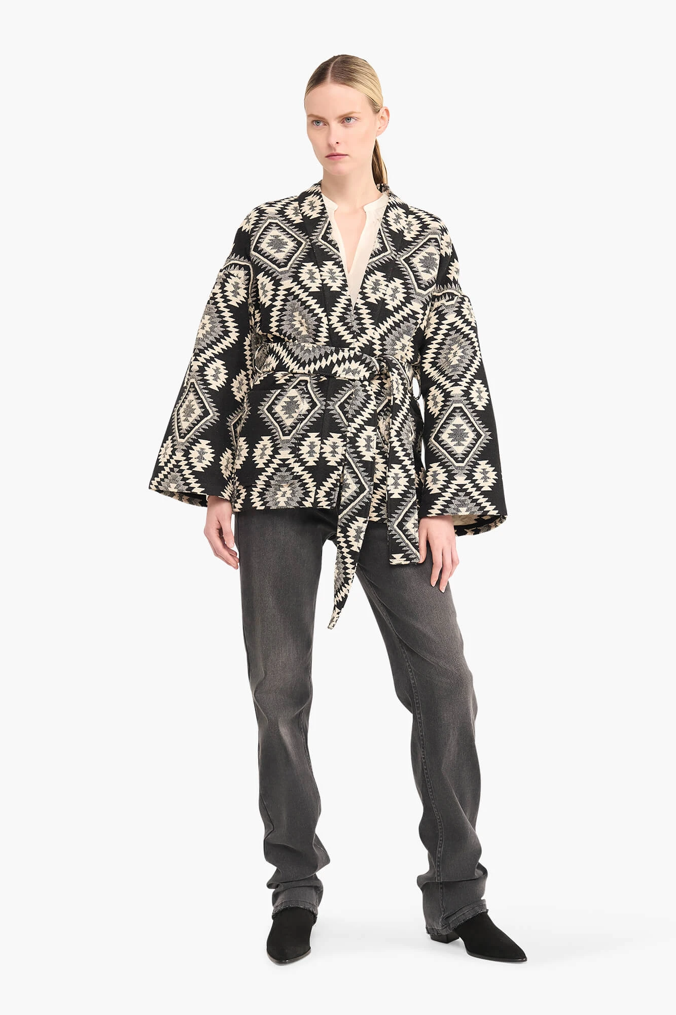 Kimono für Damen, Jacquard, Preston, Aztec, Schwarz