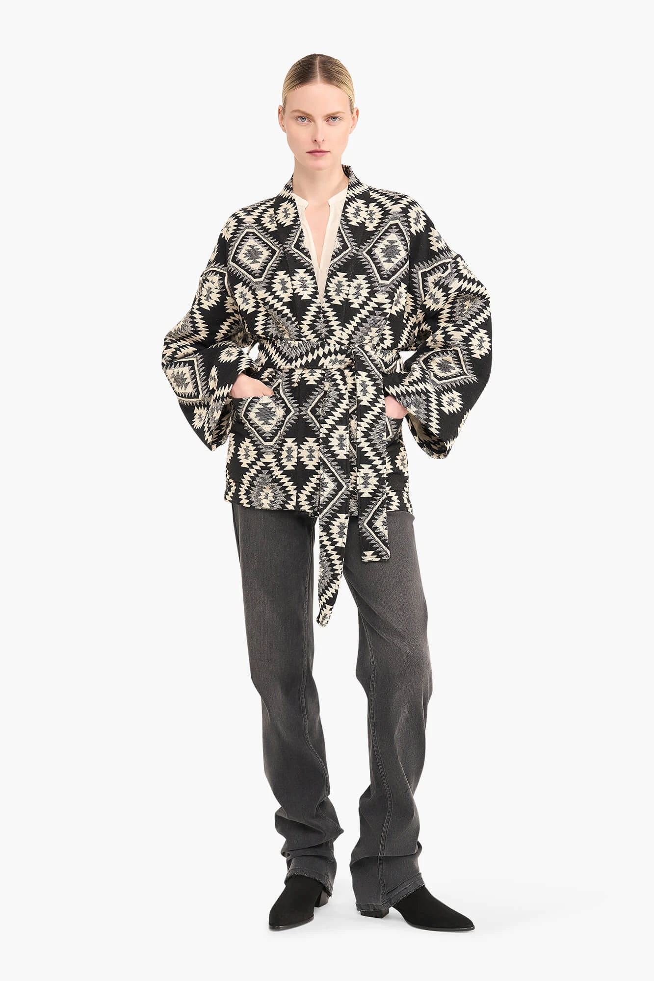 Kimono für Damen, Jacquard, Preston, Aztec, Schwarz