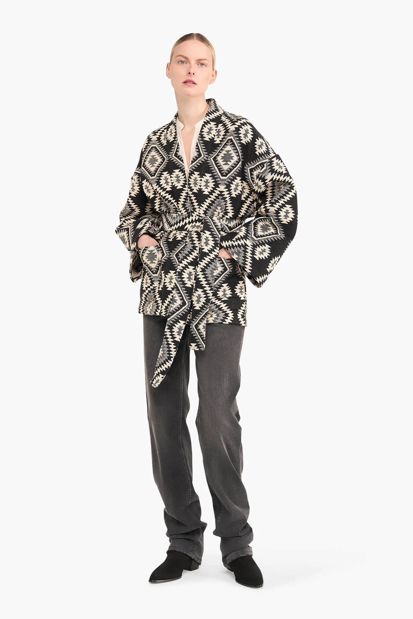 Kimono für Damen, Jacquard, Preston, Aztec, Schwarz