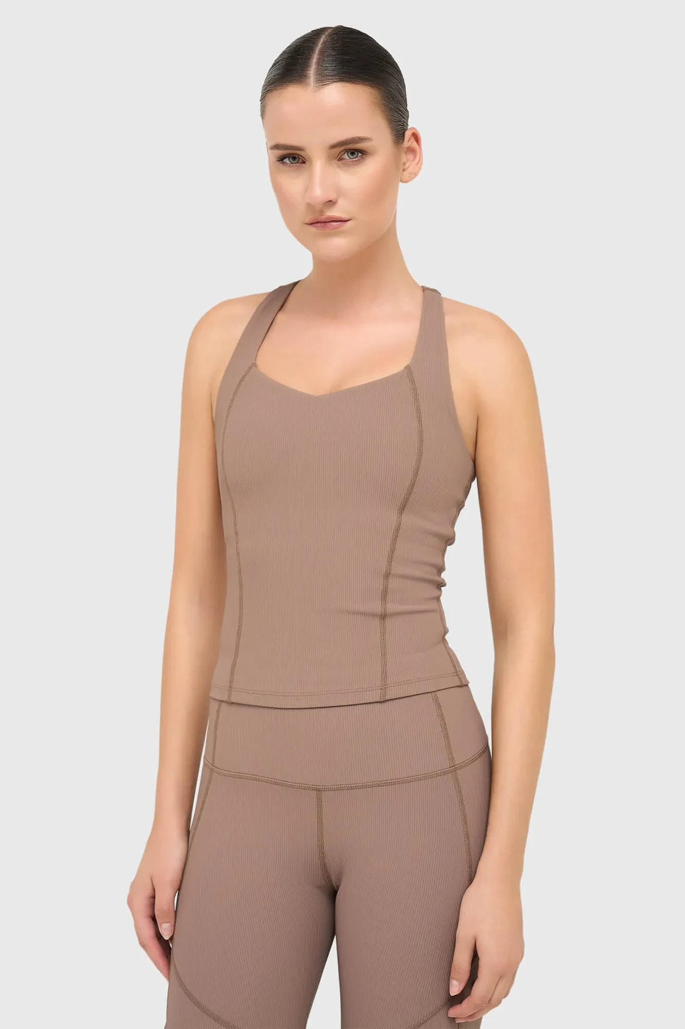 Top Damen-Sport-BH Yoga Ryle Braun Rippstrick
