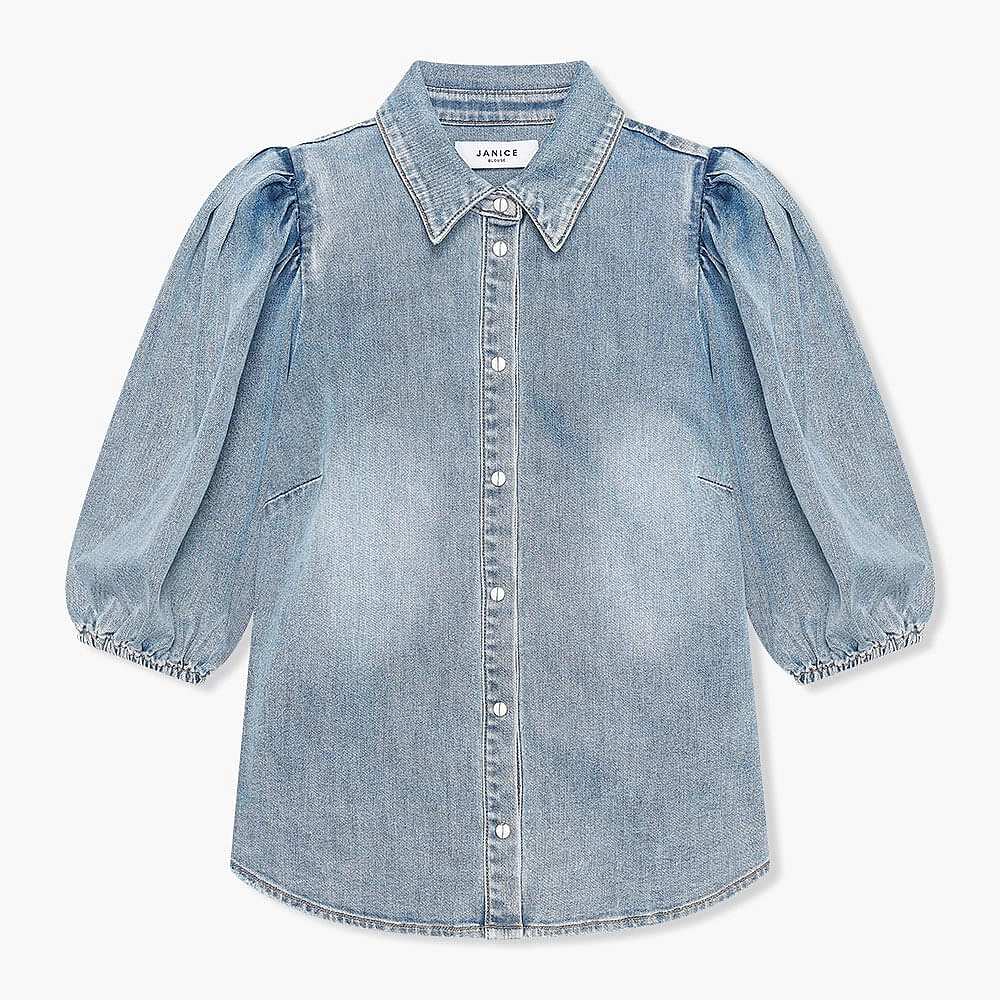 Denim Dames Blouse Met Pofmouw Lars blauw