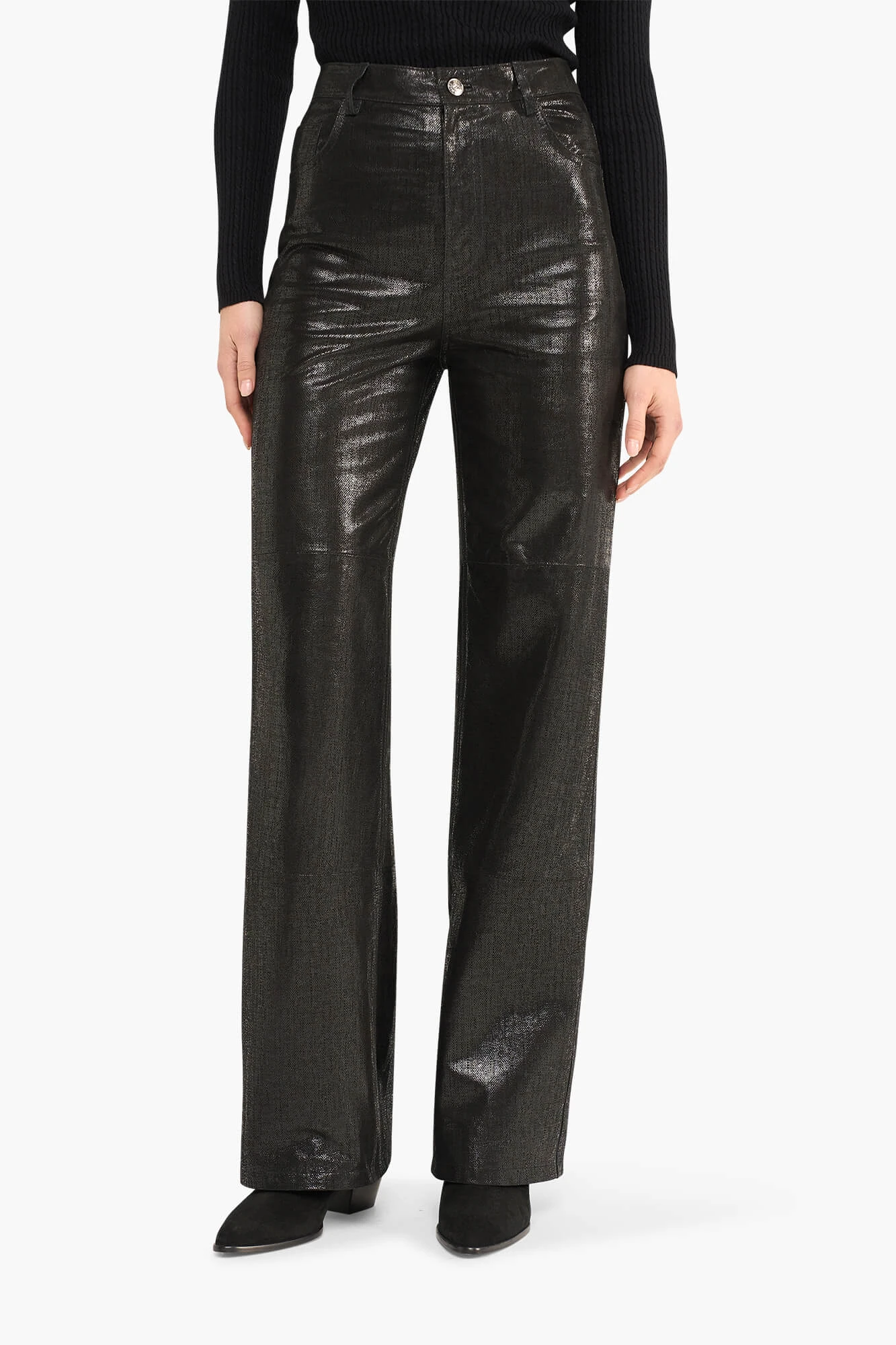 Lederhose für Damen, gerader Schnitt, Jason, Metallic-Schwarz