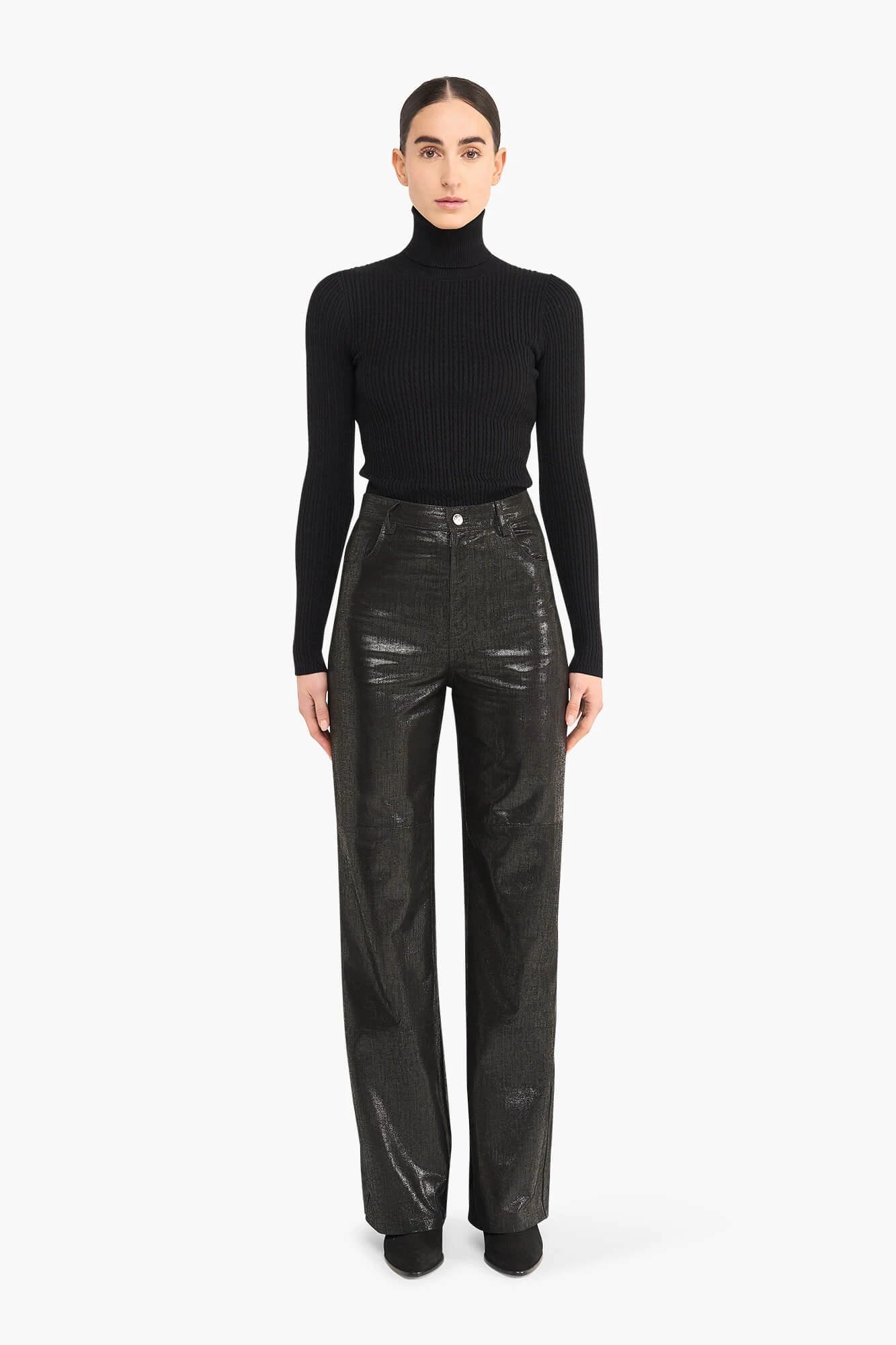 Lederhose für Damen, gerader Schnitt, Jason, Metallic-Schwarz