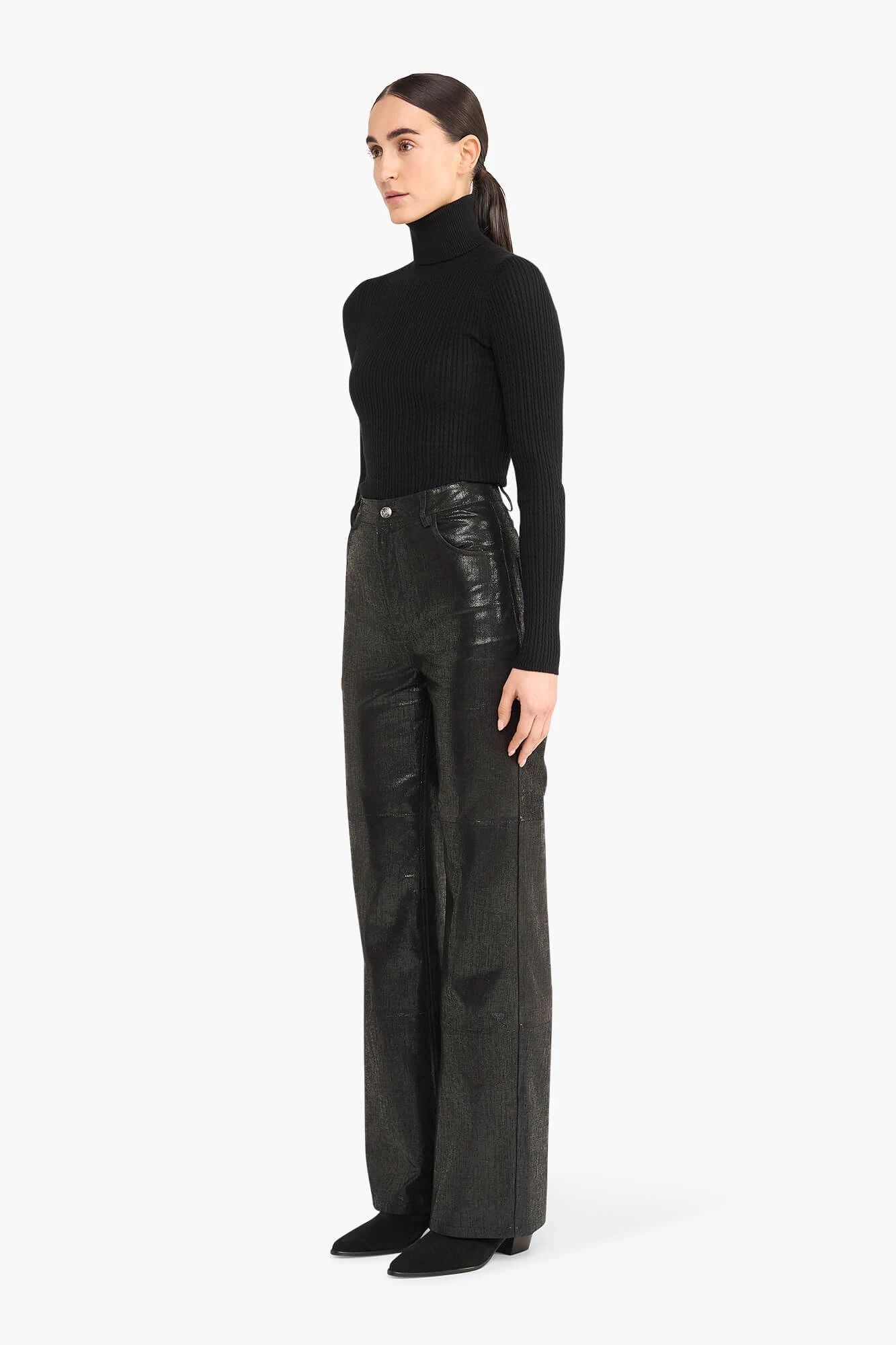Leren Broek Dames Rechte Pijp Jason Metallic Zwart
