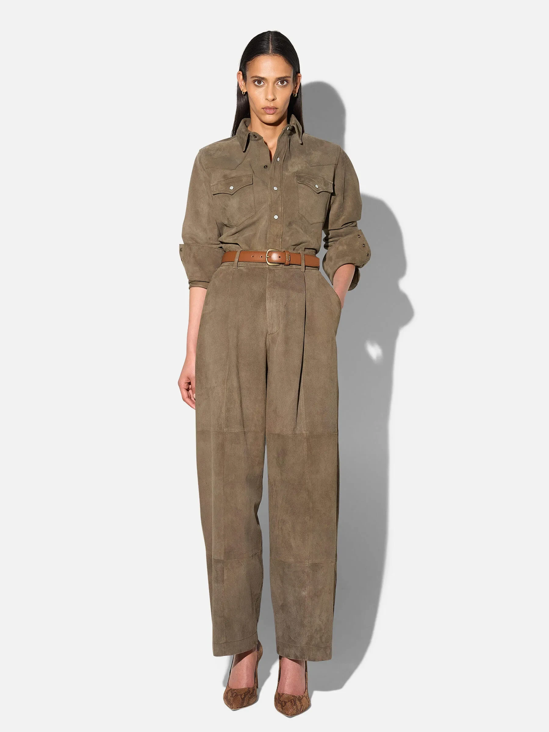 Leren Dames Broek Steekzakken Barrel Balti Groen Suede