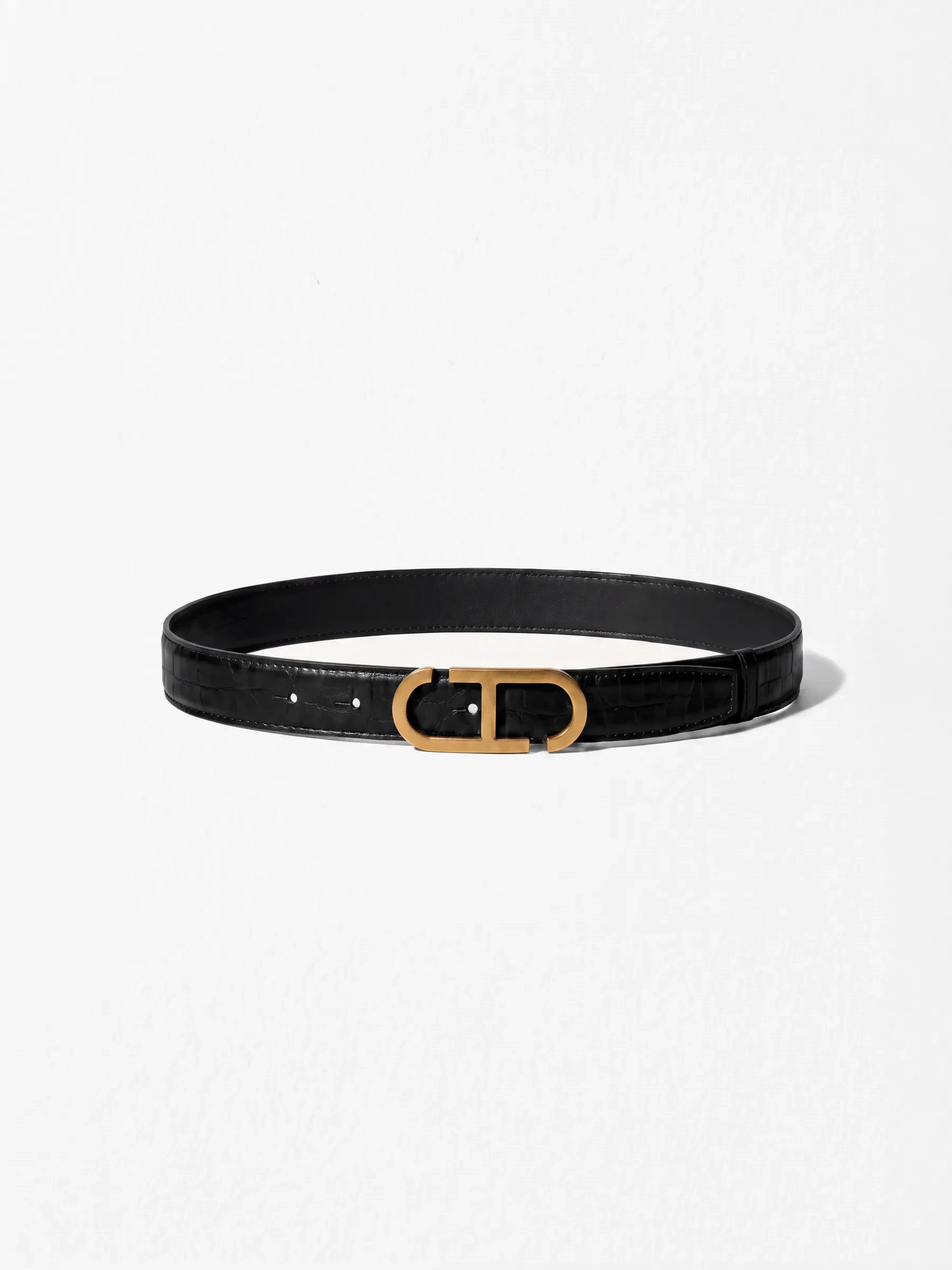 Leren Dames Riem Reversible Zwart Croco Brass Trophy Buckle
