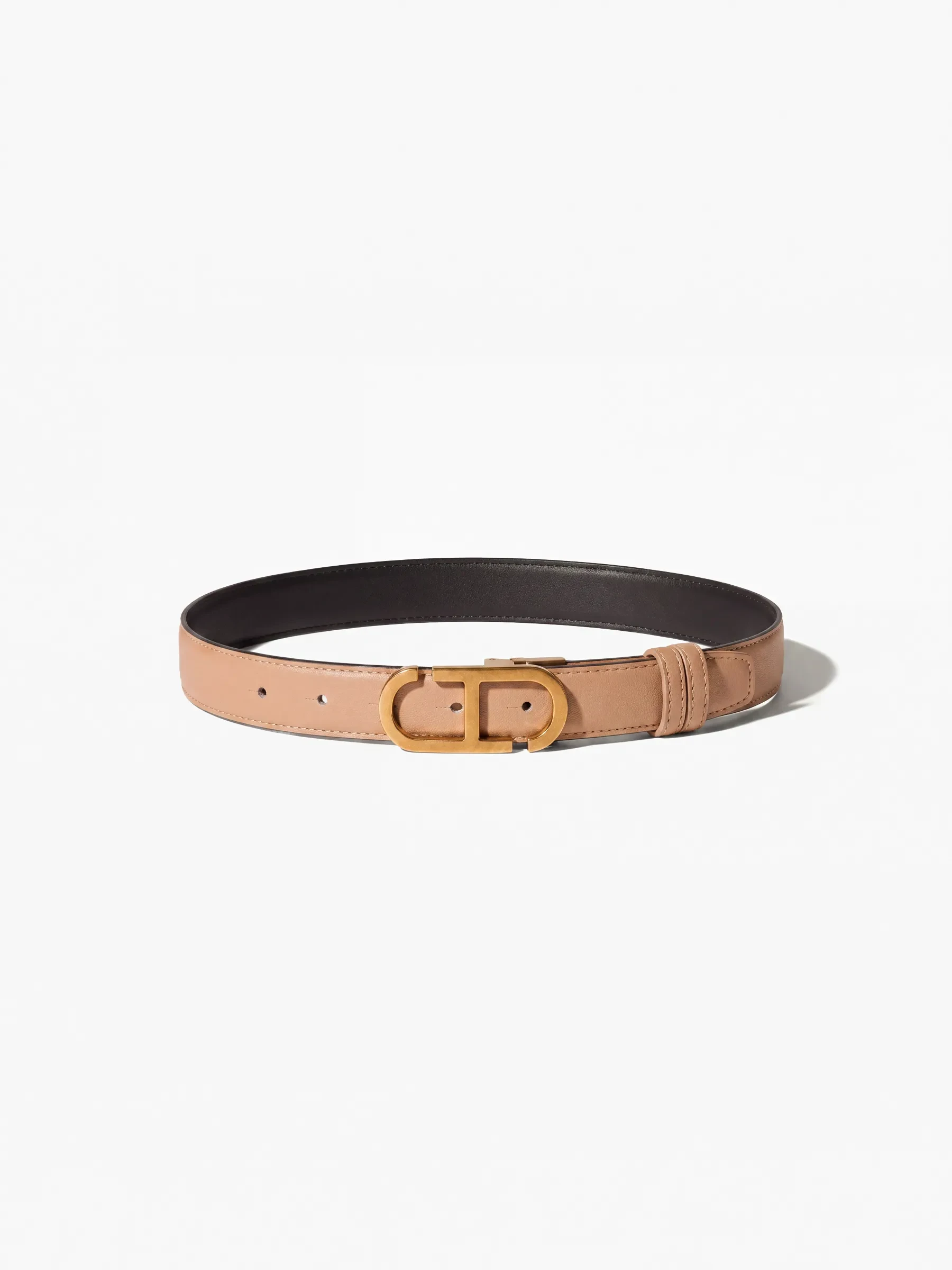 Women's Leather Reversible Belt - Black and Taupe with Brass Trophy Buckle