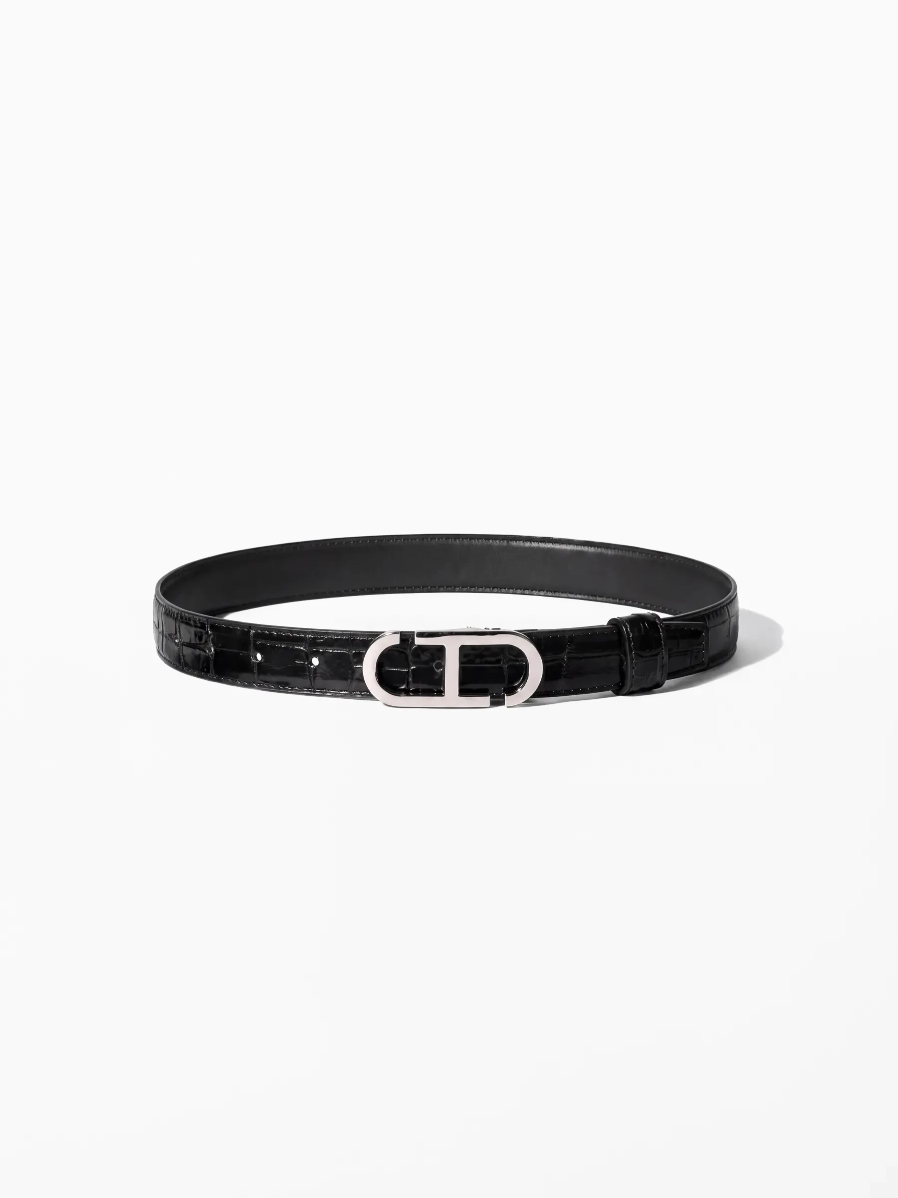 Leren Dames Riem Reversible Zwart Croco Zilver Trophy Buckle