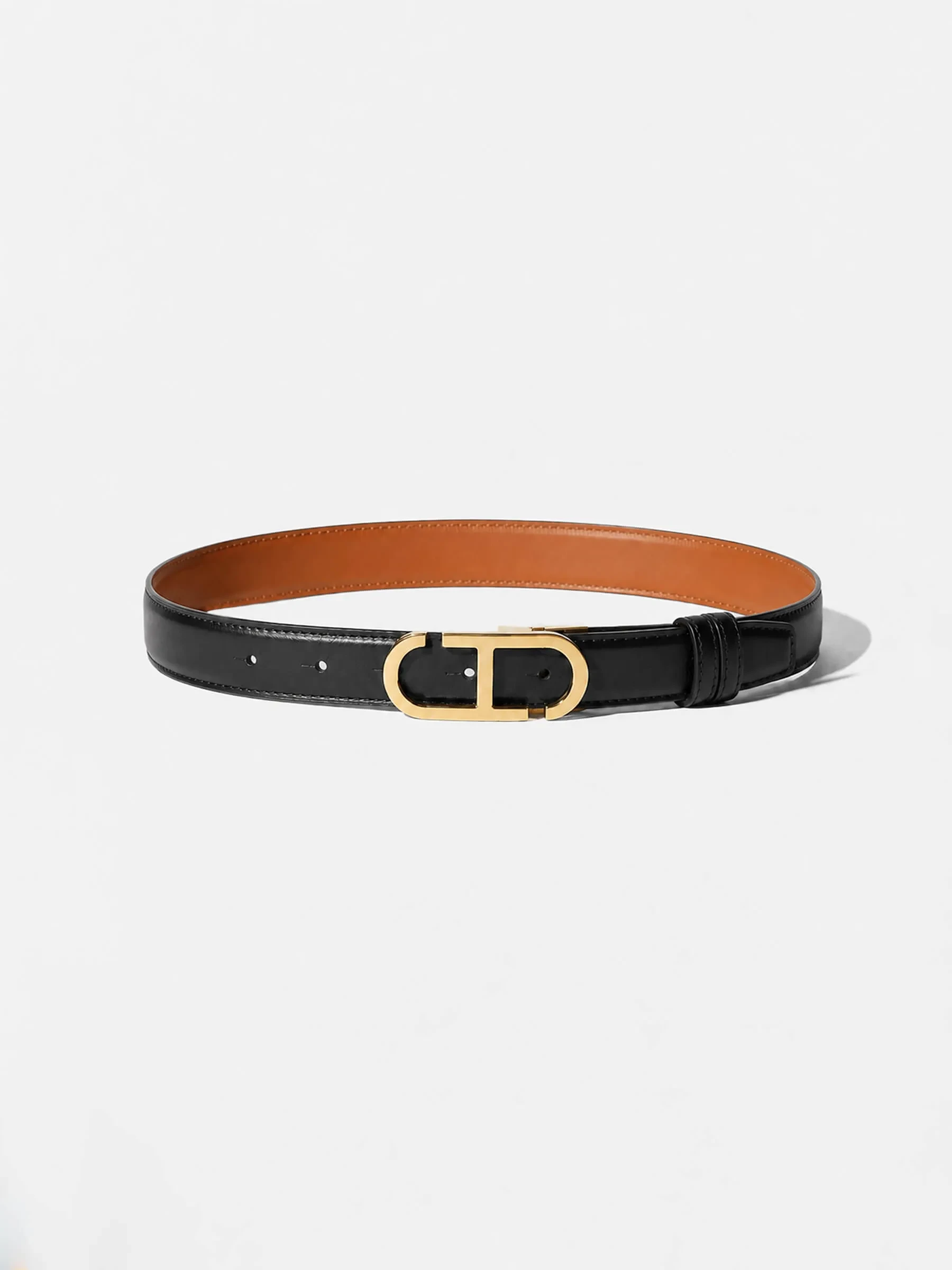 Leren Dames Riem Reversible Zwart Camel Goud Trophy Buckle