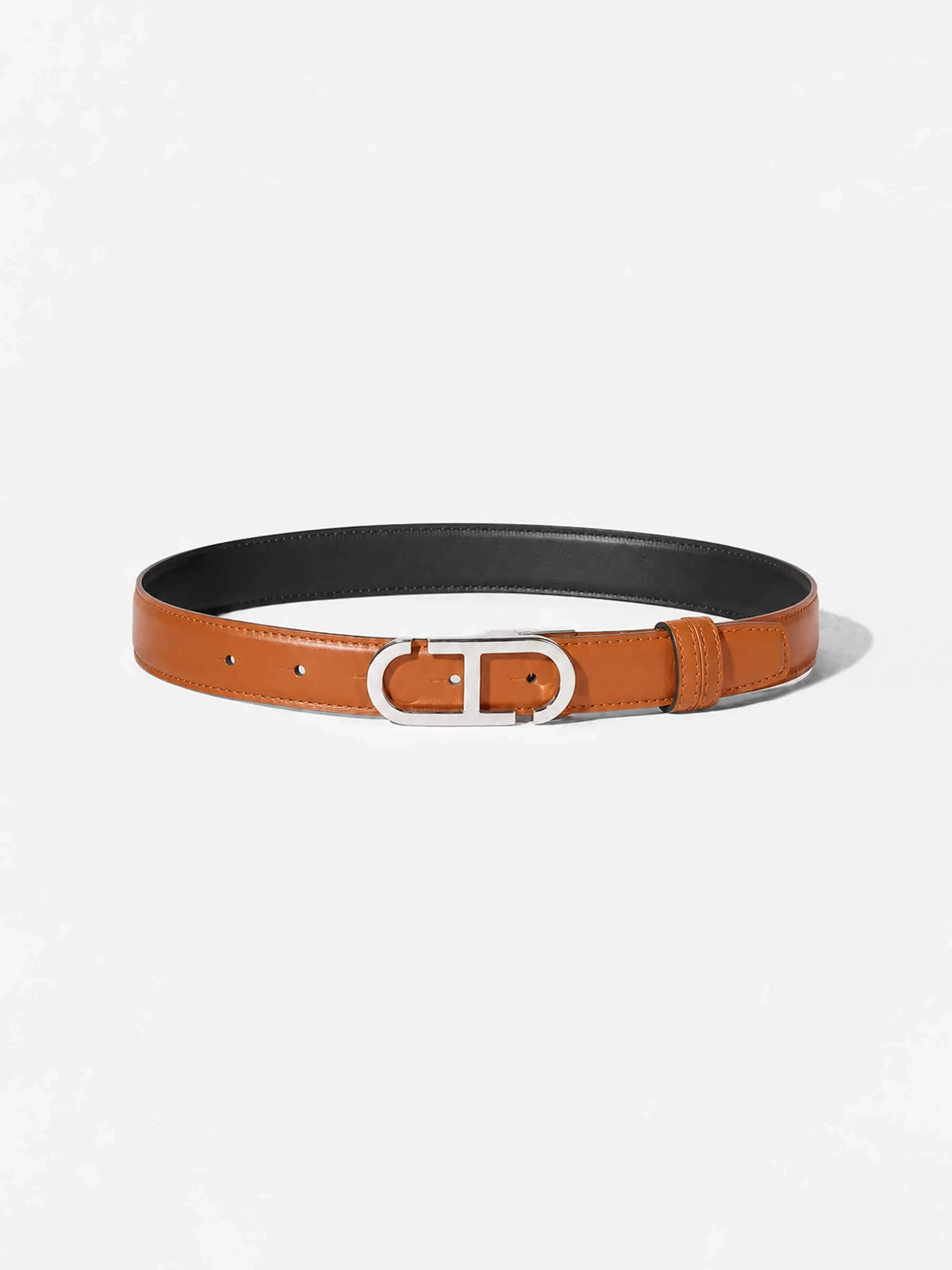 Women's Leather Reversible Belt in Black, Camel, and Silver with Trophy Buckle