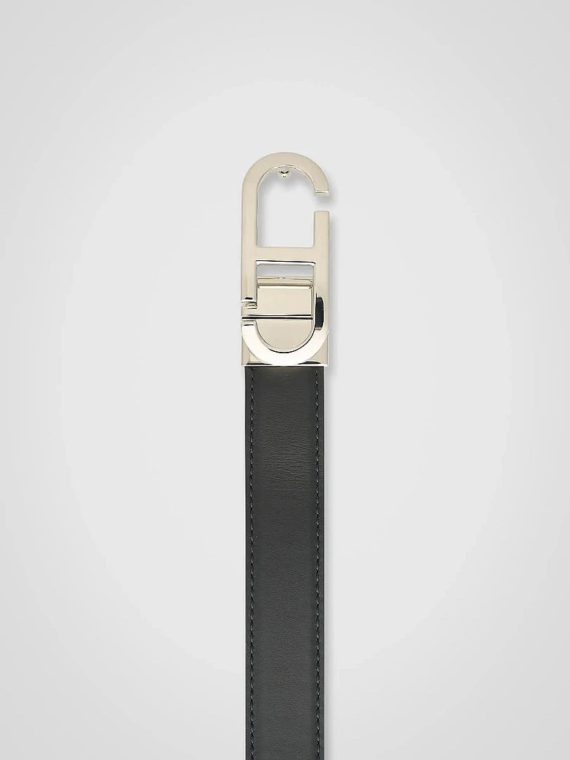 Women's Leather Reversible Belt in Black, Camel, and Silver with Trophy Buckle