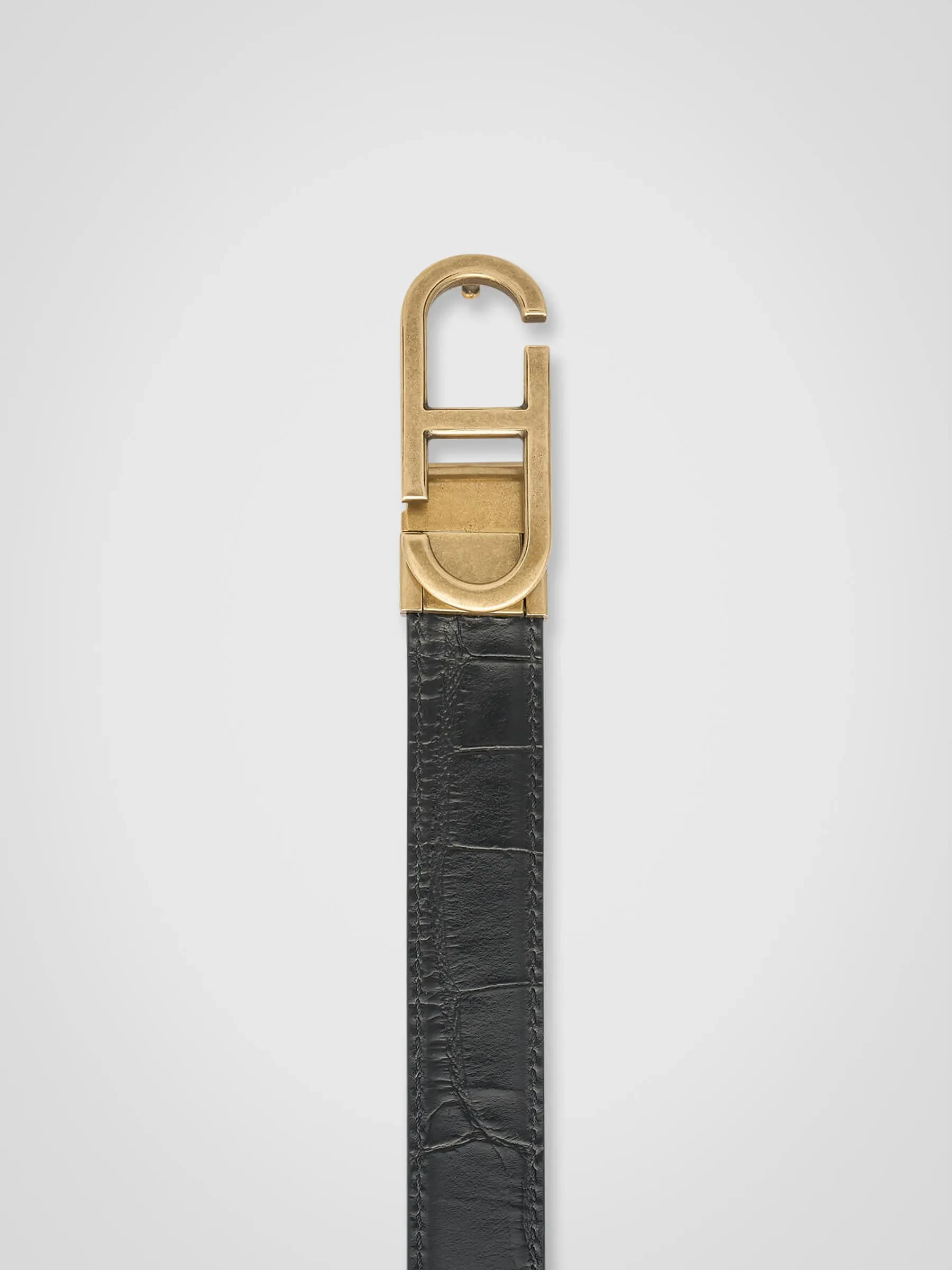 Wendbarer Damen-Gürtel aus Leder, schwarz, Krokoprägung, Messing-Trophy-Schnalle