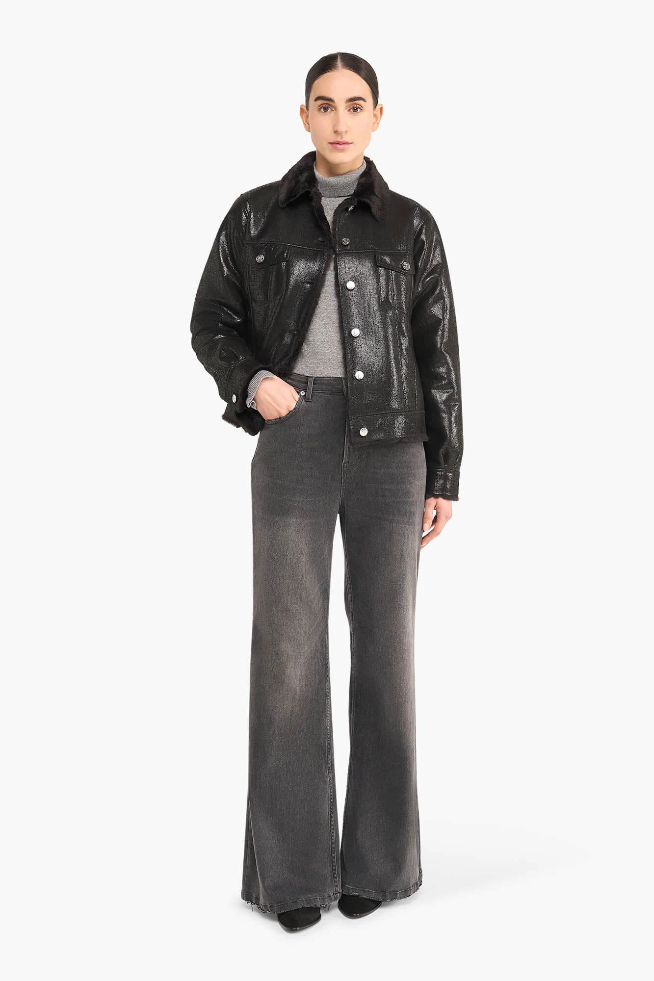 Jas Dames Kort Leer Gregory Zwart Metallic
