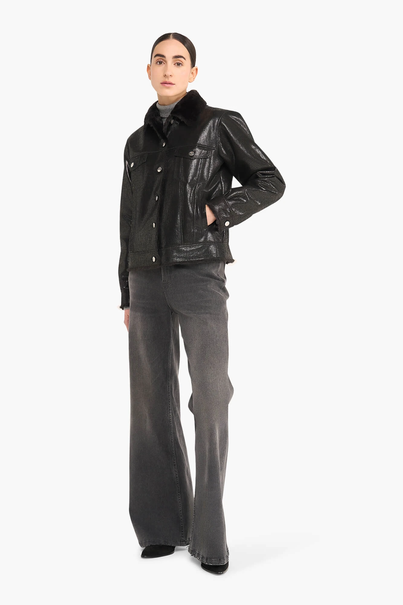 Jas Dames Kort Leer Gregory Zwart Metallic