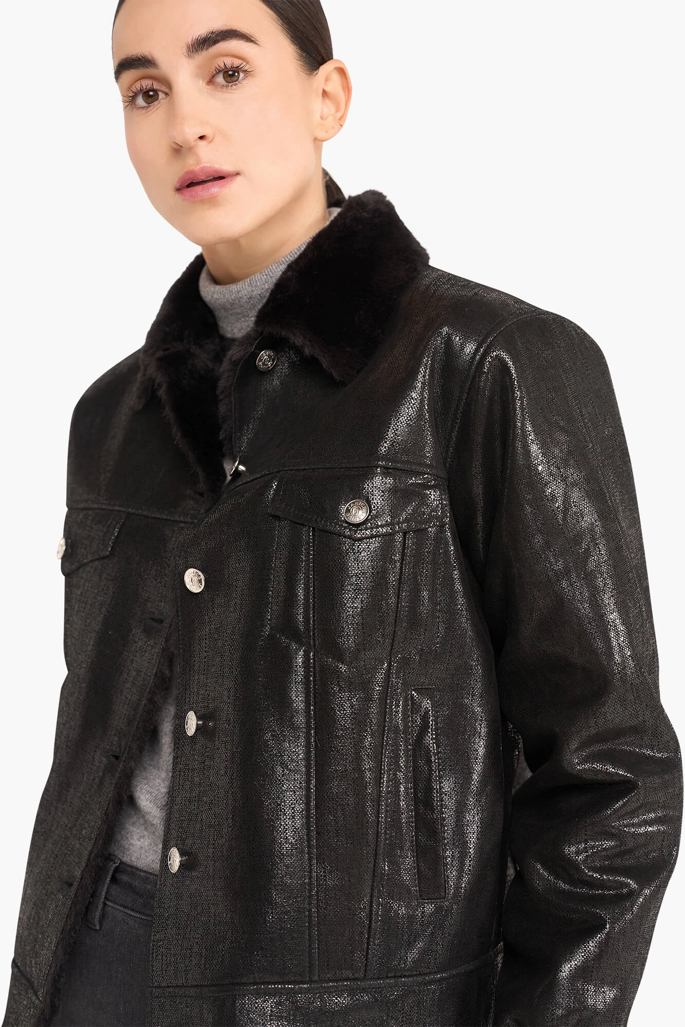 Jas Dames Kort Leer Gregory Zwart Metallic